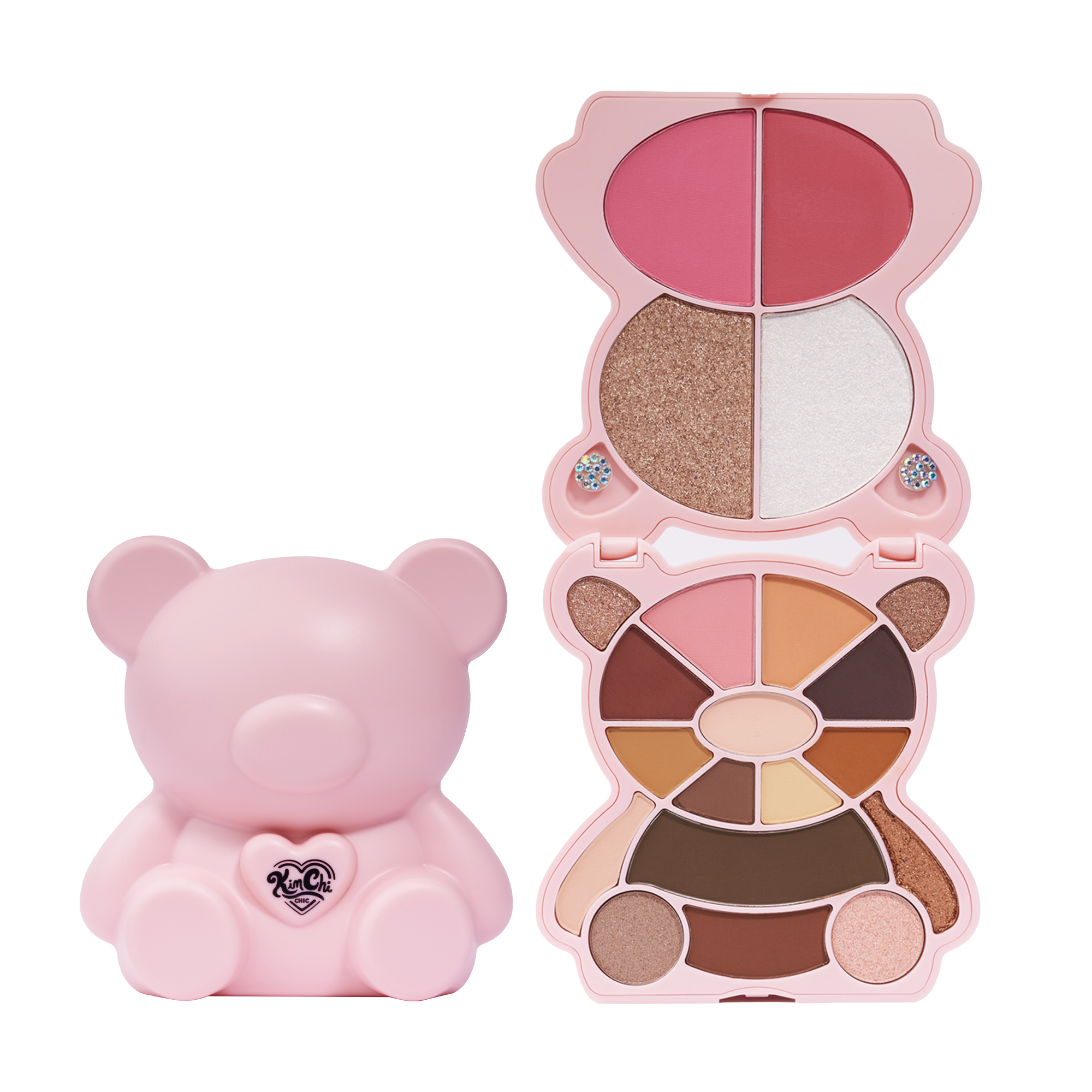 Cute pink bear-shaped makeup palette with blush, eyeshadows, and highlighter from Kun Chi.