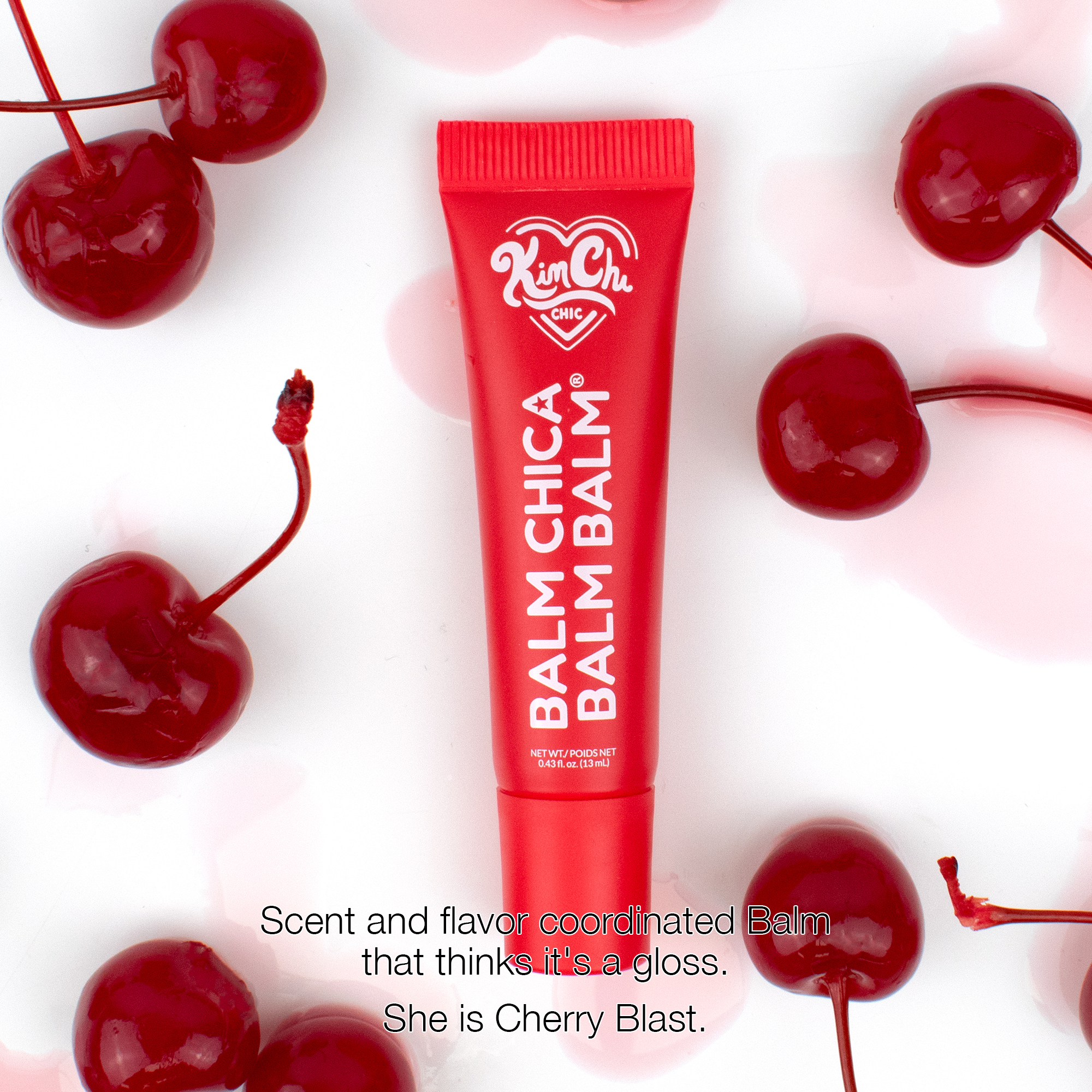 Balm Chica Balm in Cherry Blast, 0.43 oz, hydrating lip balm with a glossy finish, vibrant red tube.