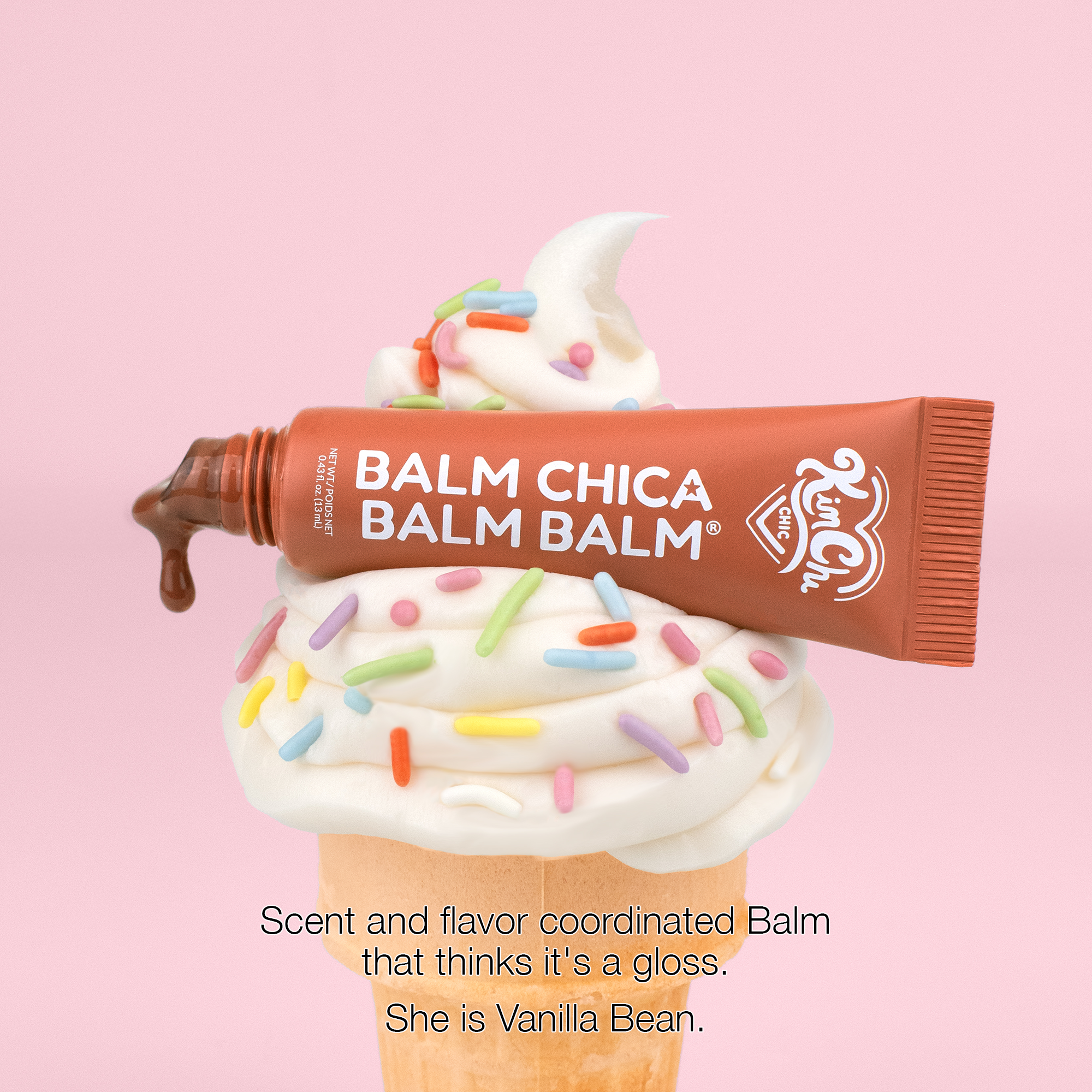 Balm Chica Balm Balm in Vanilla Bean flavor, displayed on an ice cream cone with sprinkles.