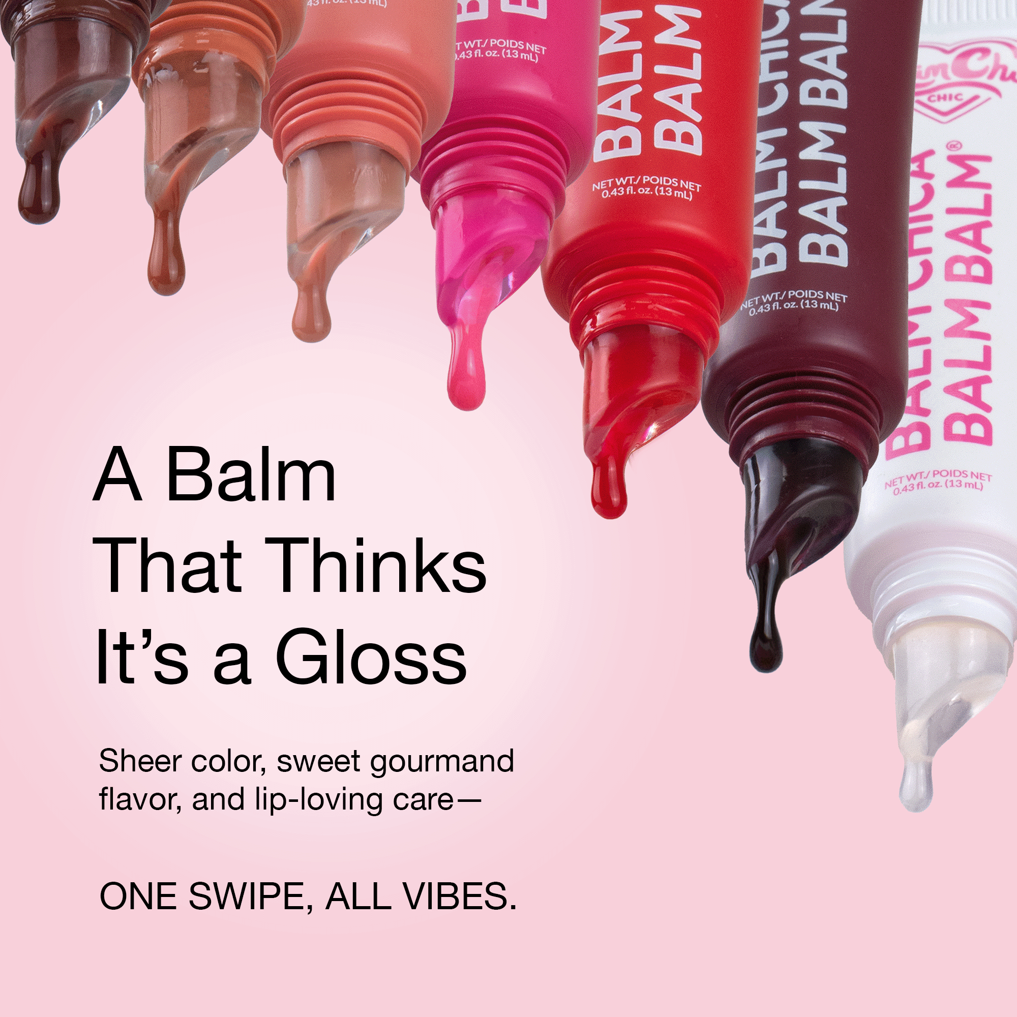 Colorful lip balms in various shades, offering sheer color, gloss-like finish, and nourishing care.
