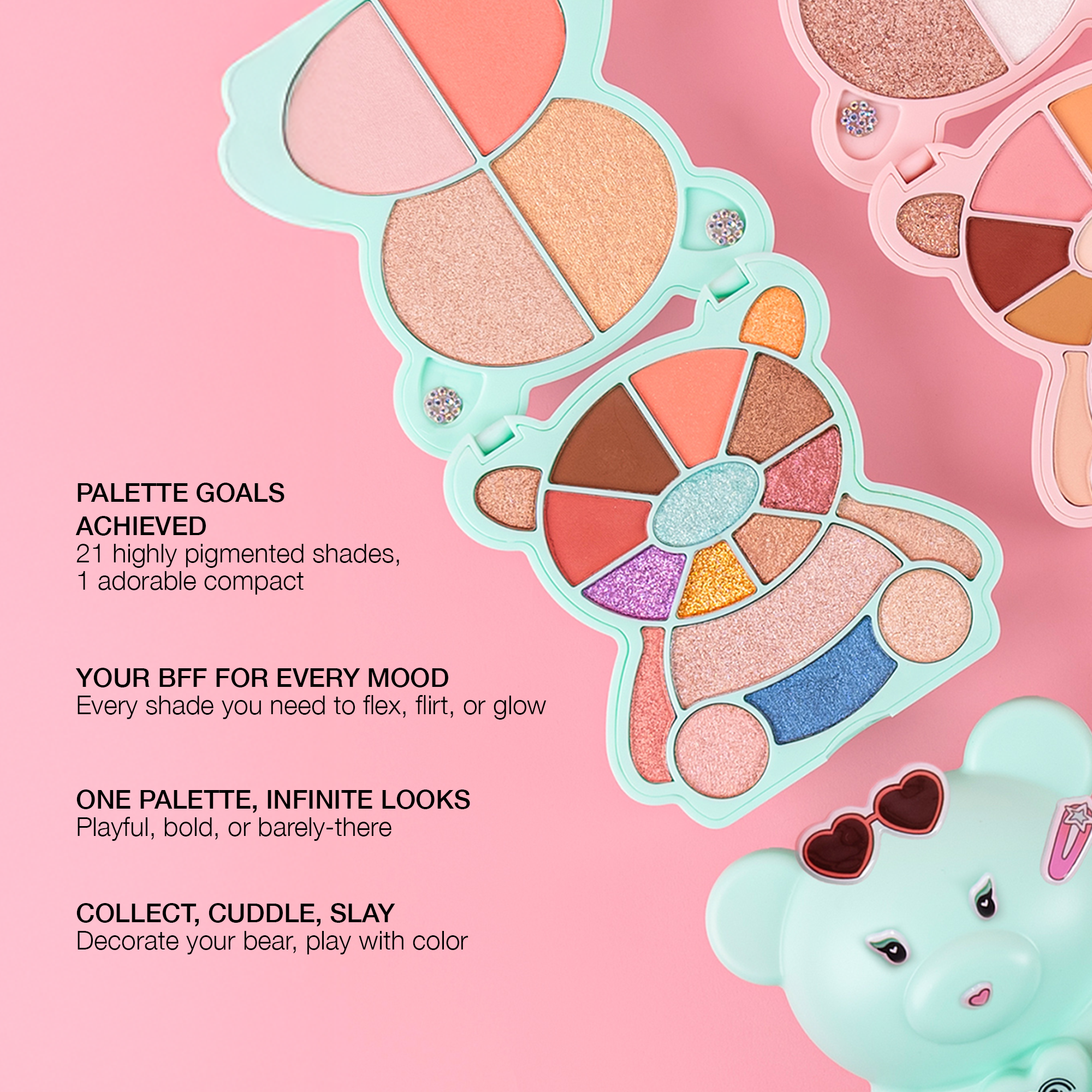 Adorable bear-shaped eyeshadow palette with 21 vibrant shades for versatile looks and easy application.