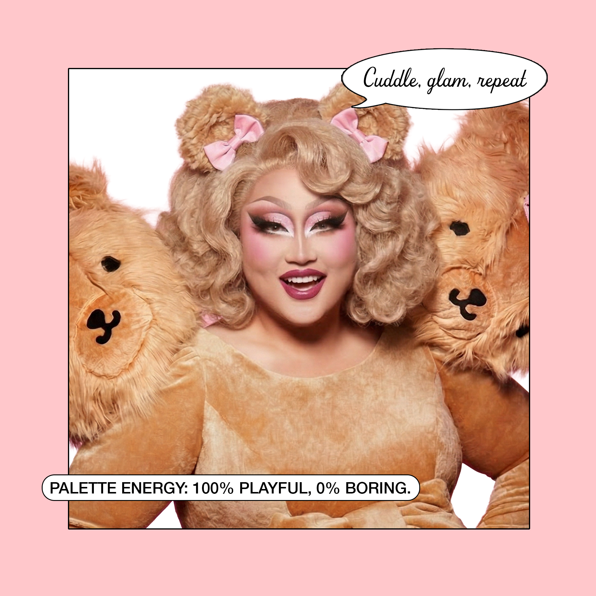 Playful lion plush costume with pink bows and curly hair, perfect for a fun and glamorous look.