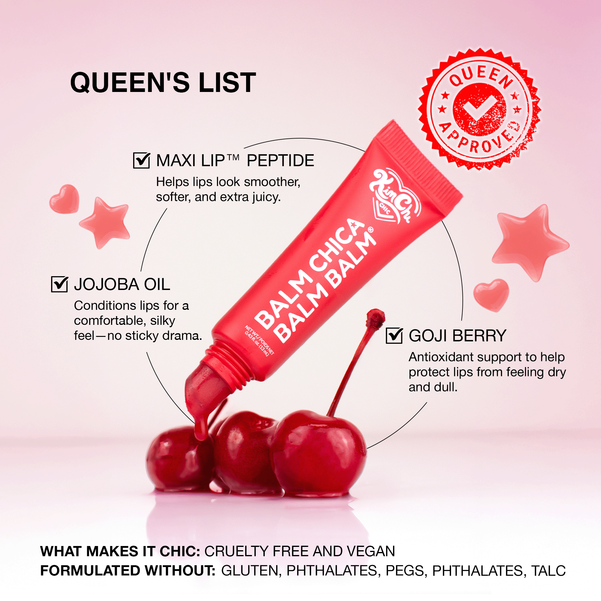 Balm Chica Balm Balm lip treatment in red tube with jojoba oil and goji berry for smooth, hydrated lips.