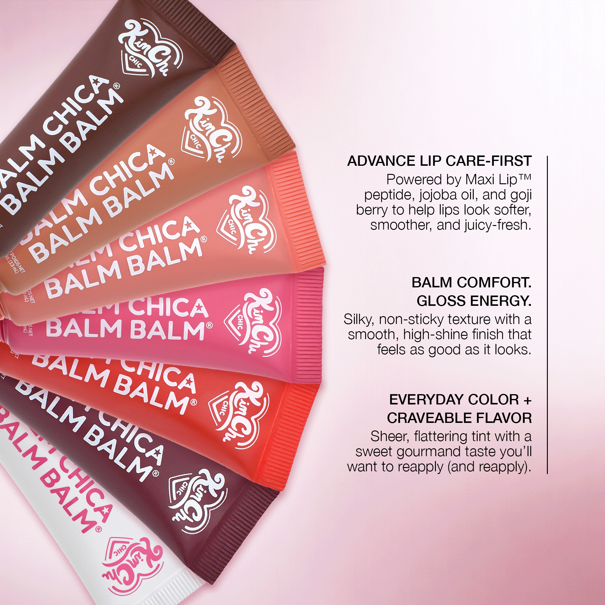 Collection of Kim Chi Balm Chica Balm Balm tubes in various shades, featuring a glossy and silky texture.