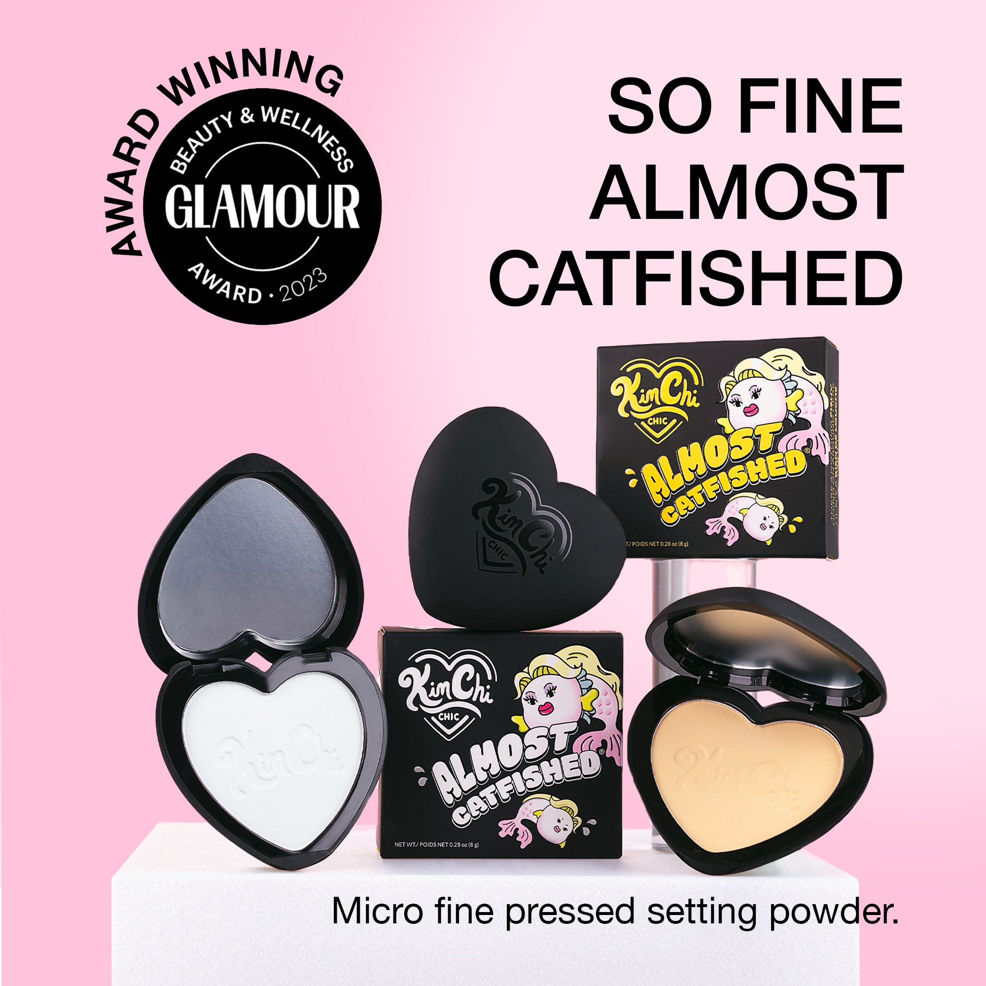 Kim Chi Chic Almost Catfished micro fine pressed setting powder in heart-shaped compact, black and white shades.