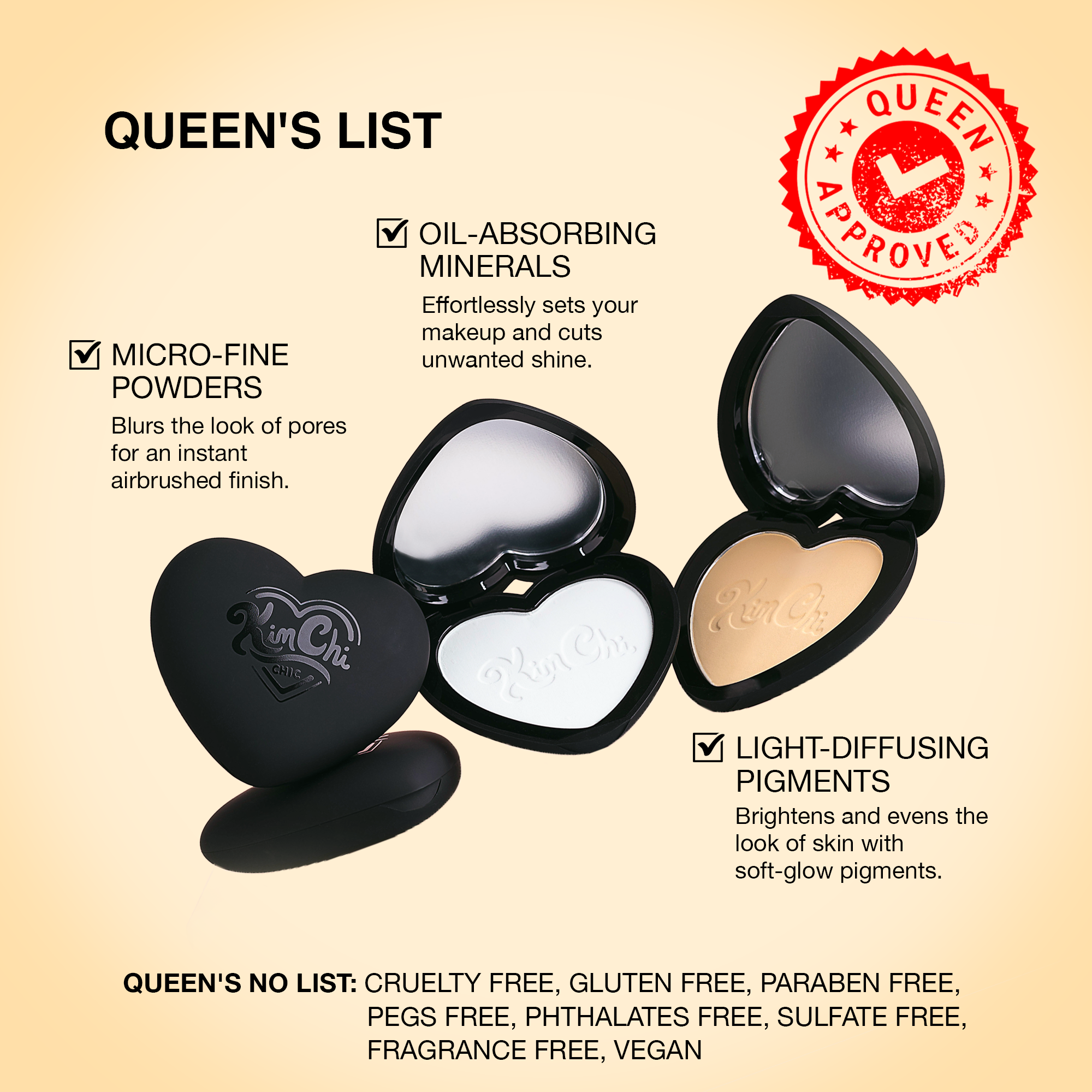 Kim Chi Queen's List heart-shaped powder set with oil-absorbing minerals, light-diffusing pigments, cruelty-free.