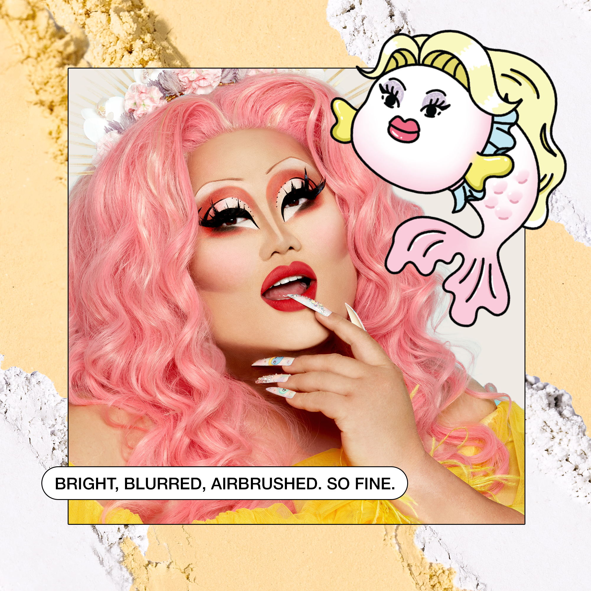 Bright pink-haired drag performer showcasing vibrant makeup and stylish nails, adding a fun, artistic vibe.