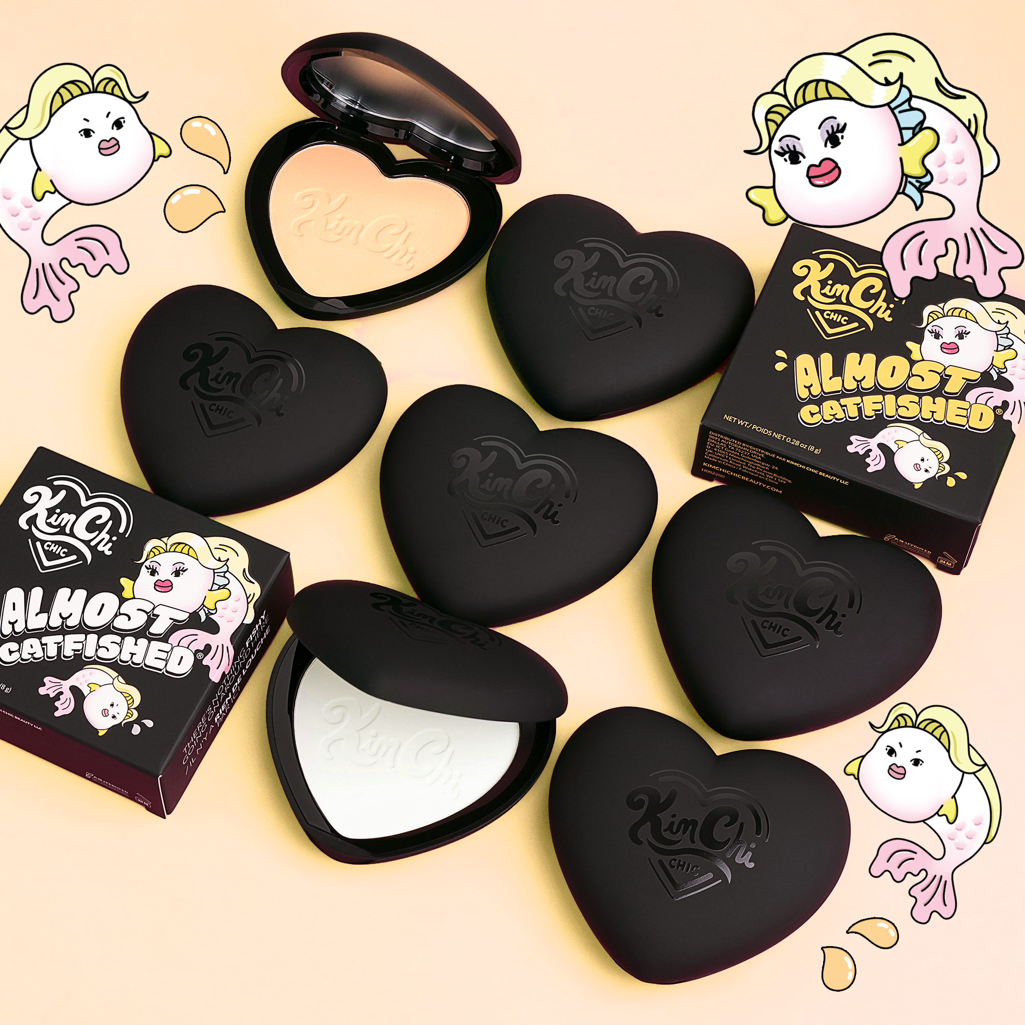 Kim Chi Almost Catfished heart-shaped press powder compact in black, featuring a creamy finish.