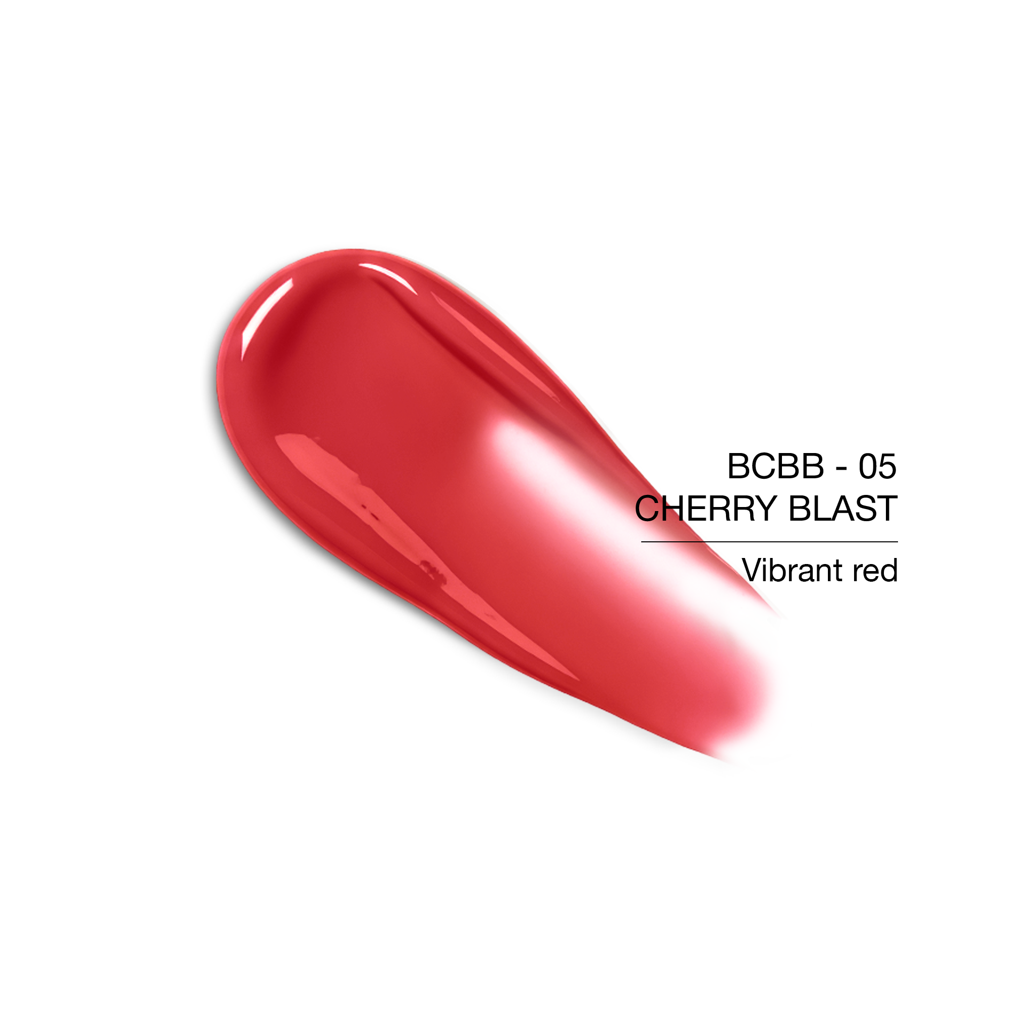 Vibrant red cherry blast nail polish swatch, glossy finish, shade BCBB-05.