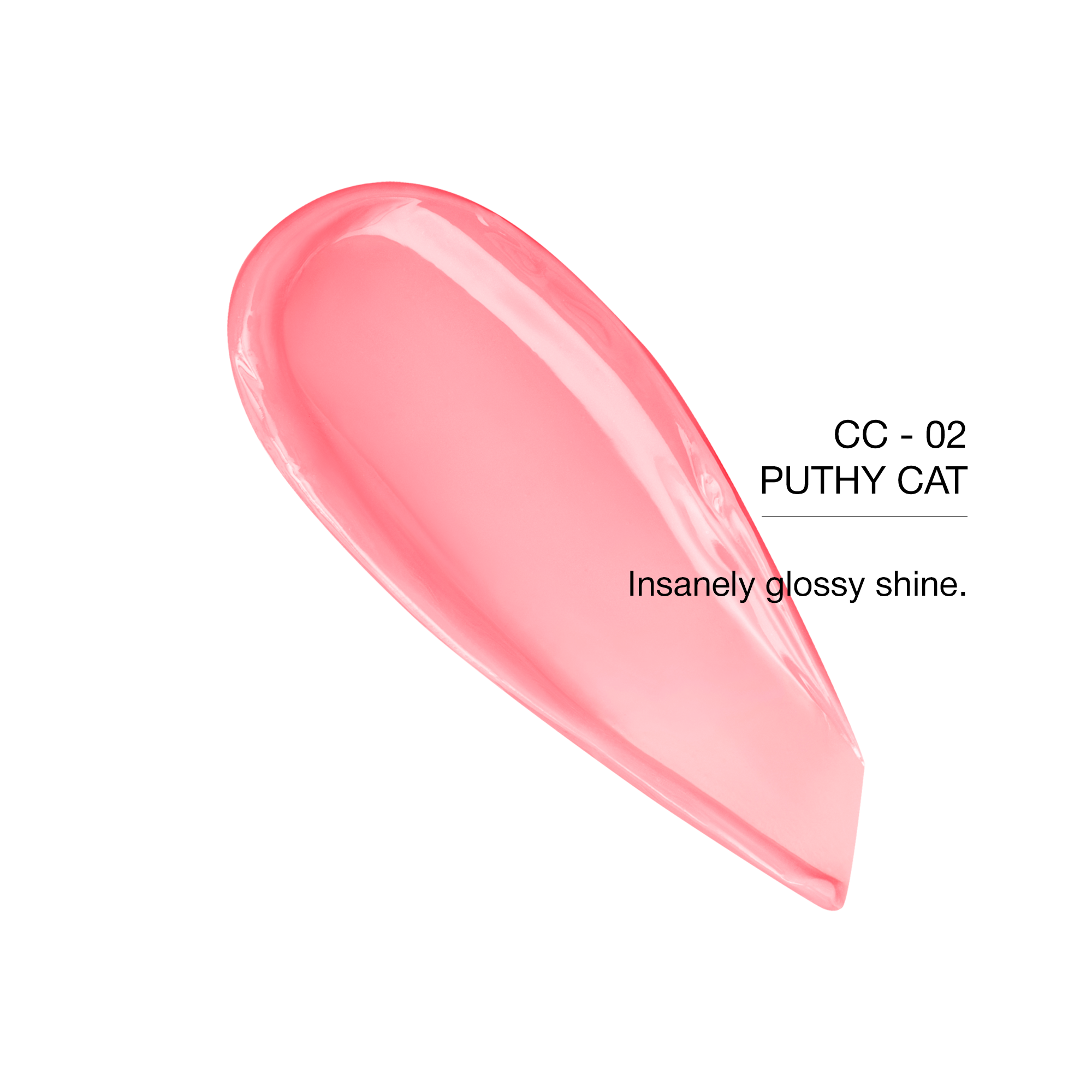 CC-02 Puthy Cat glossy pink lip product with a vibrant shine, ideal for a bold look.