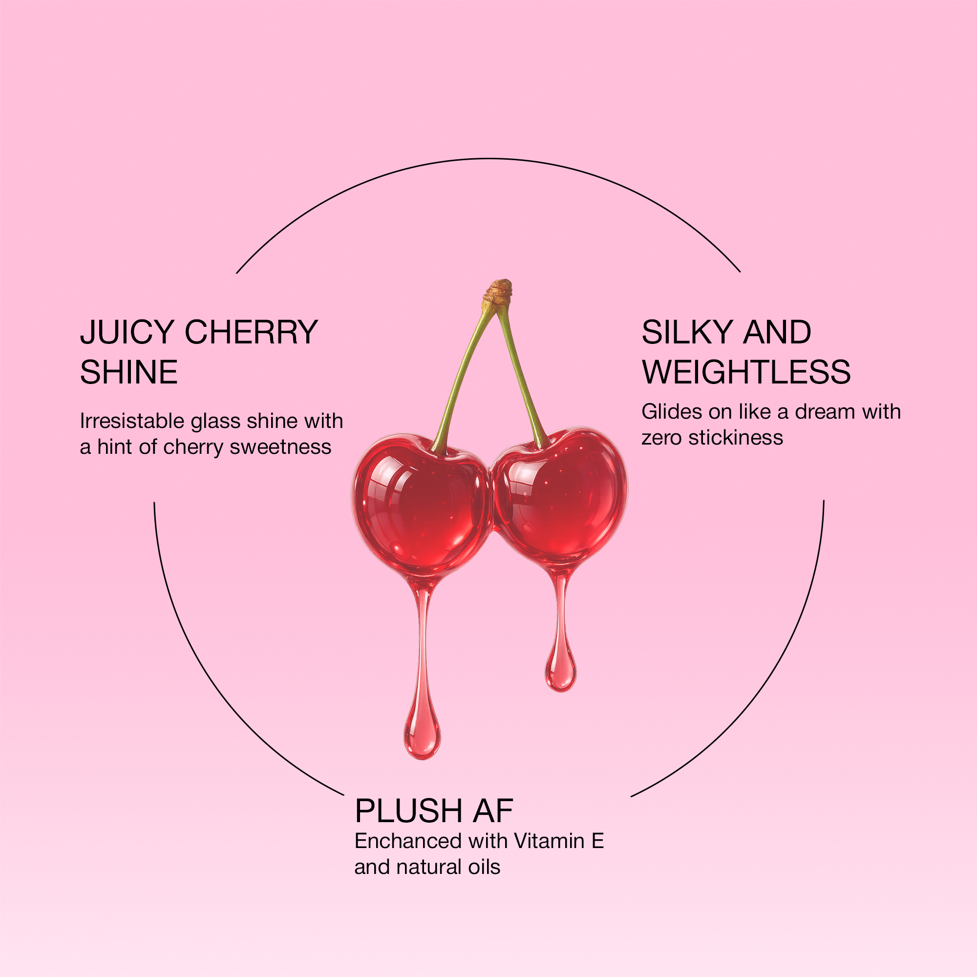 Juicy cherry shine lip gloss, silky texture, enriched with Vitamin E, non-sticky formula, vibrant red color.