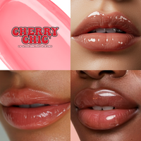 Cherry Chic lip gloss in pink shades, featuring a glossy finish for a luscious, moisturizing look.
