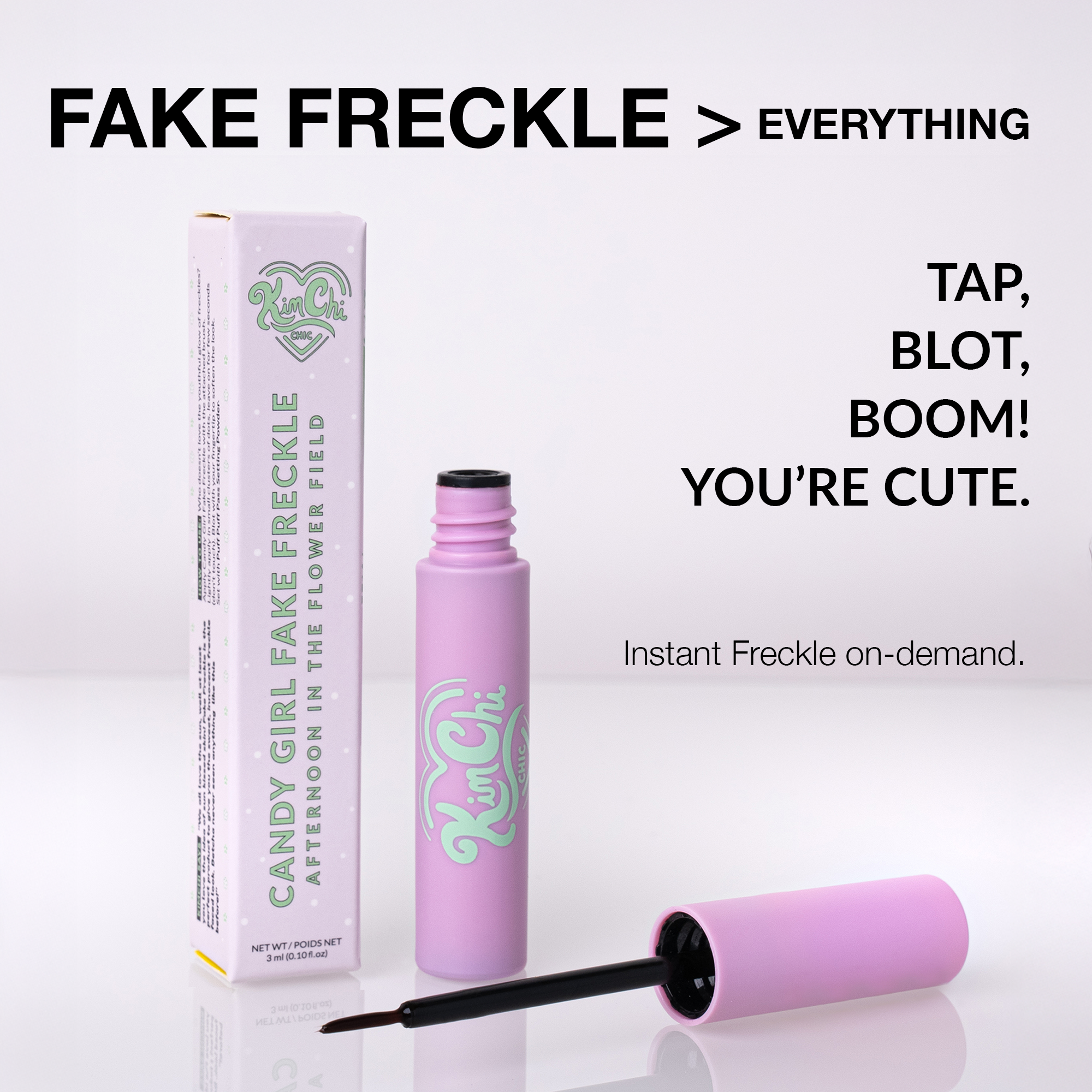 Kim Chi Candy Girl Fake Freckle in pink tube, instant freckle solution for a cute look.