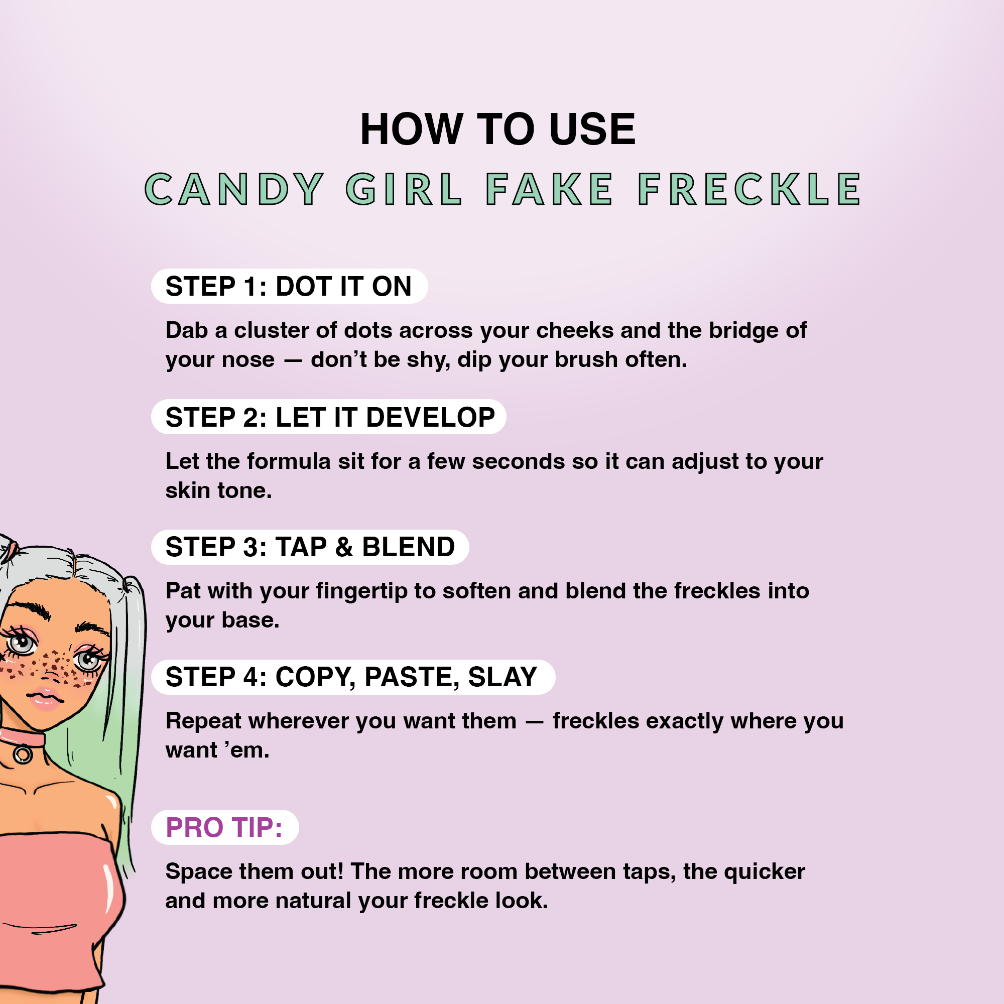 Candy Girl Fake Freckle makeup, easy application for natural faux freckles, suitable for all skin tones.