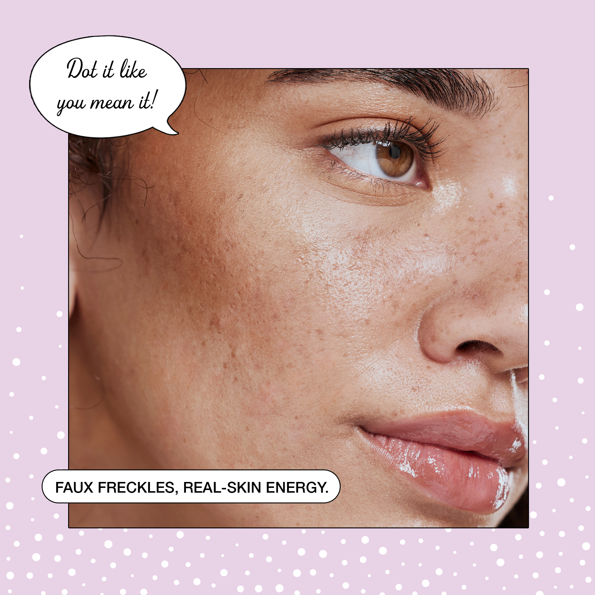 Close-up of a model's skin showcasing faux freckles and a glowing complexion, highlighting natural beauty.