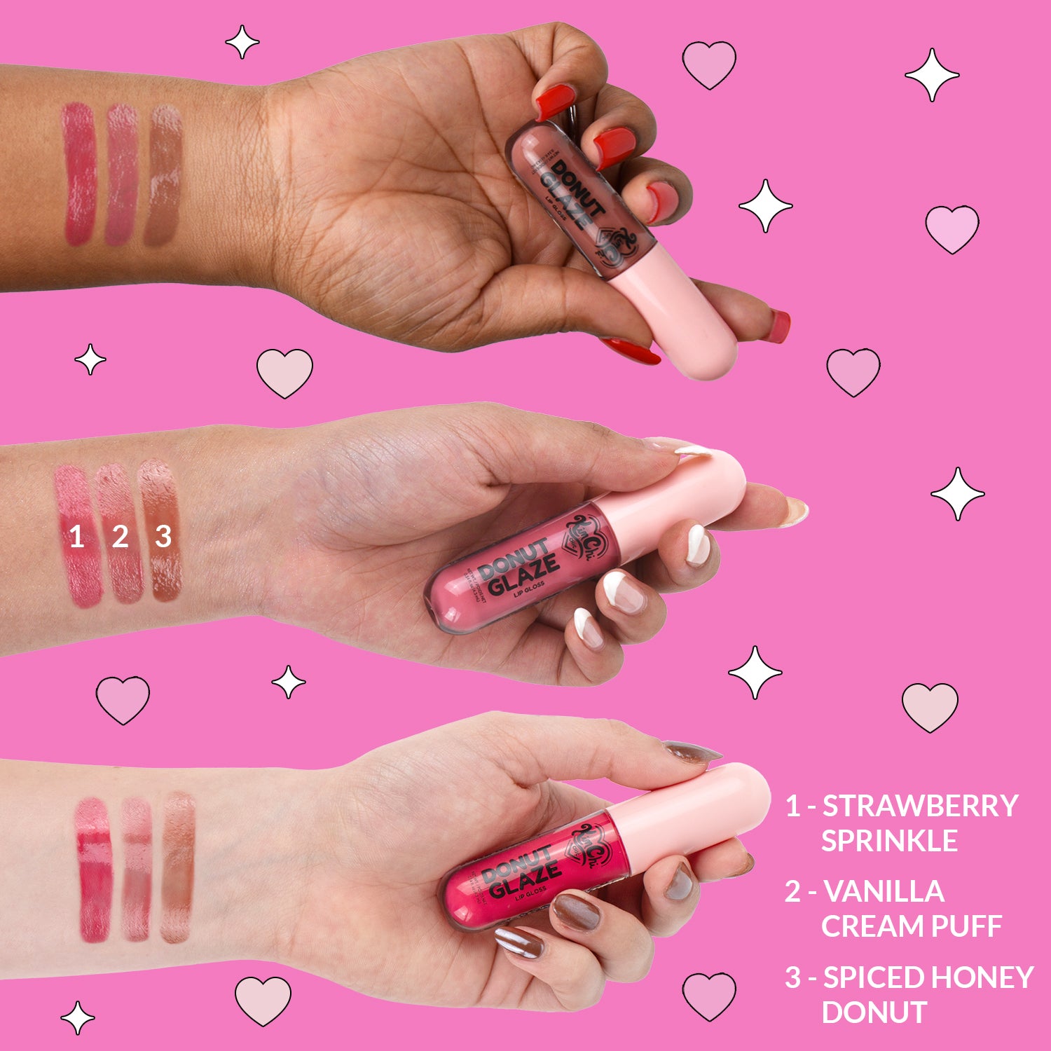 Three hands holding lip gloss tubes against a pink background, with swatches labeled Strawberry Sprinkle, Vanilla Cream Puff, and Spiced Honey Donut.