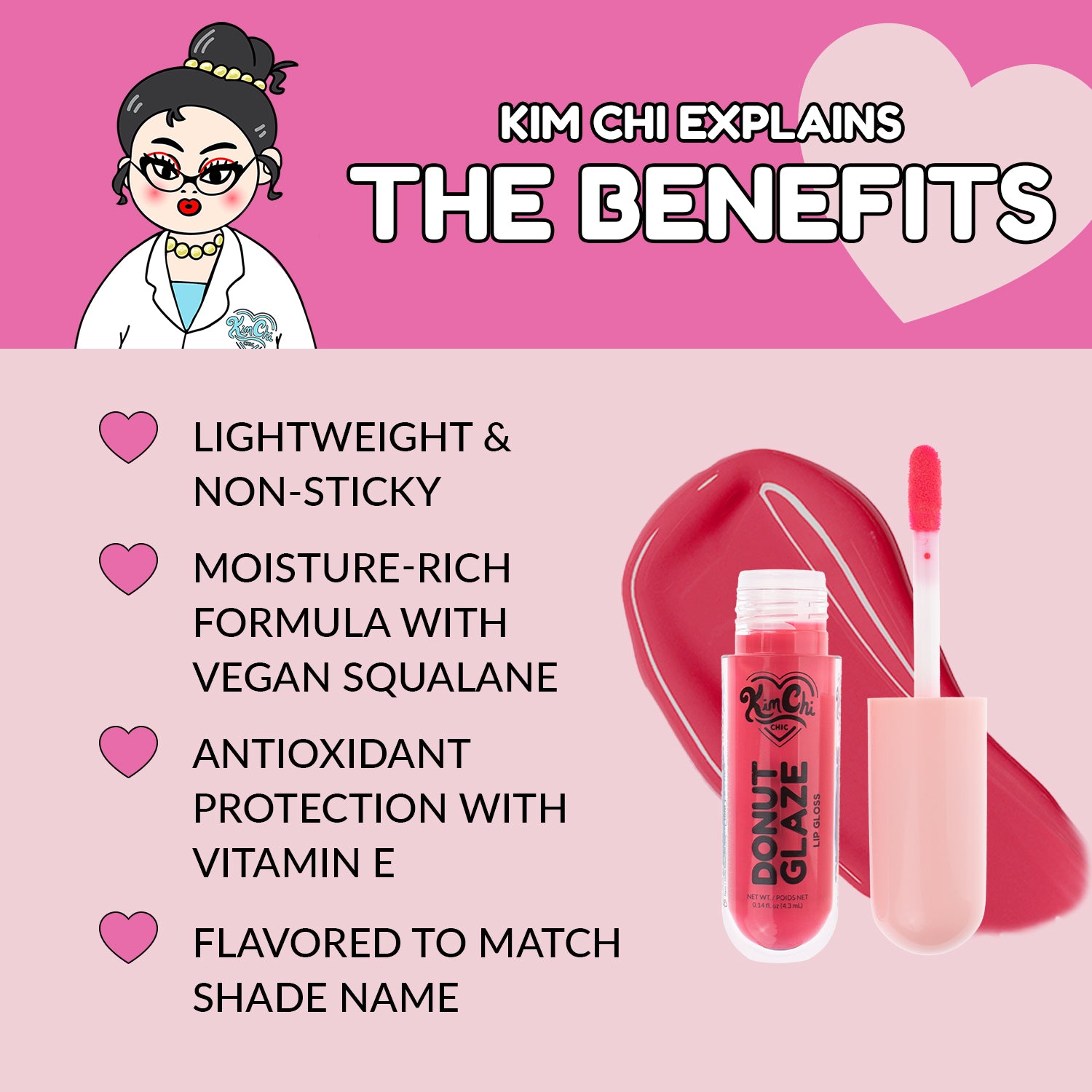 Graphic showcasing Kim Chi explaining the benefits of a lip gloss, featuring bullet points highlighting its lightweight formula, moisture-rich ingredients, and antioxidant protection.