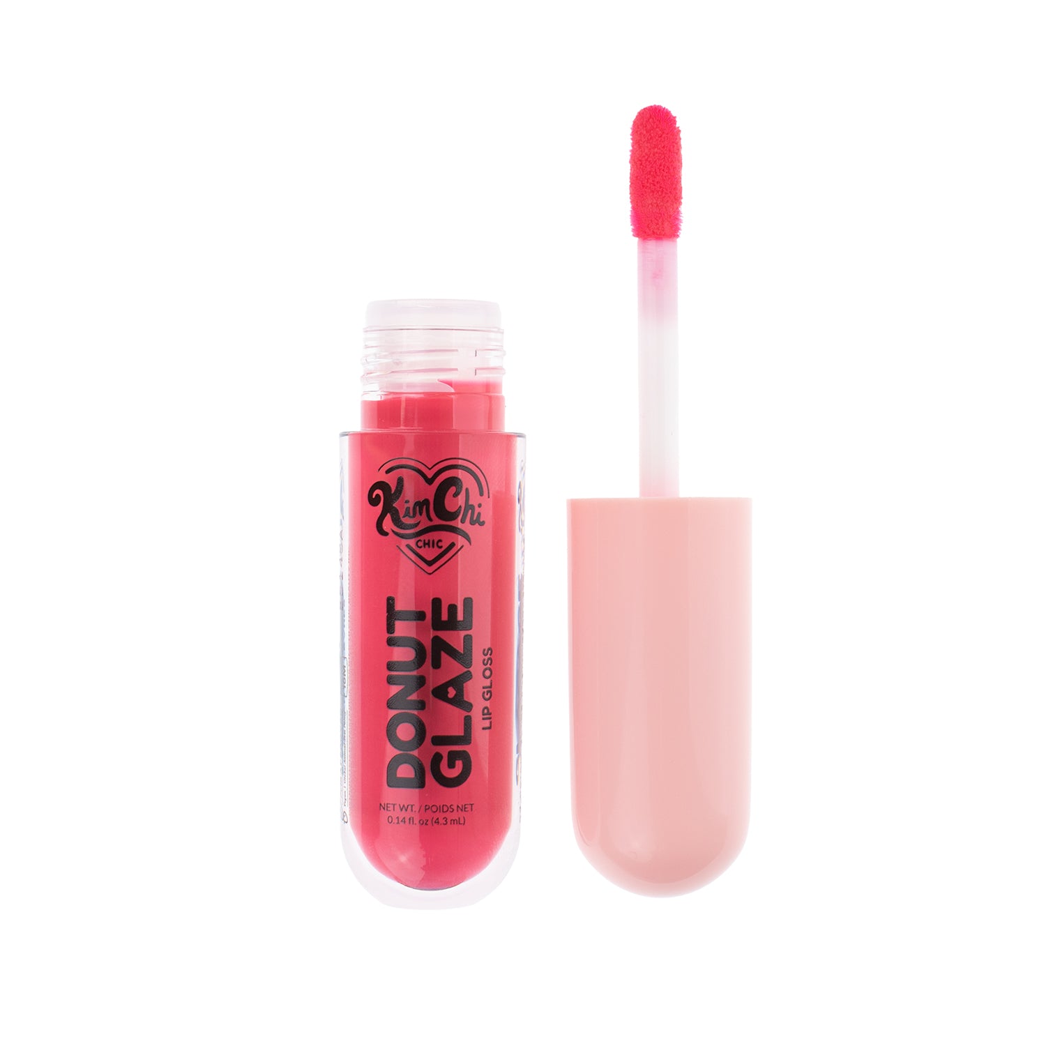 Kim Chi Chic Donut Glaze lip gloss, pink color, glossy finish, with applicator wand included.