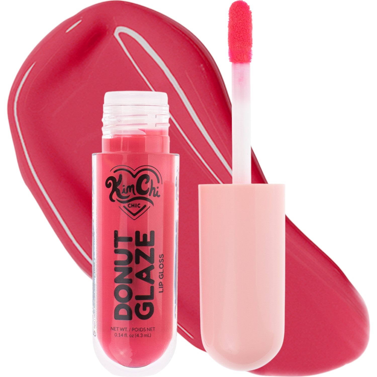 Kim Chi Chic Donut Glaze lip gloss in bright pink, featuring a flexible applicator and shiny finish.