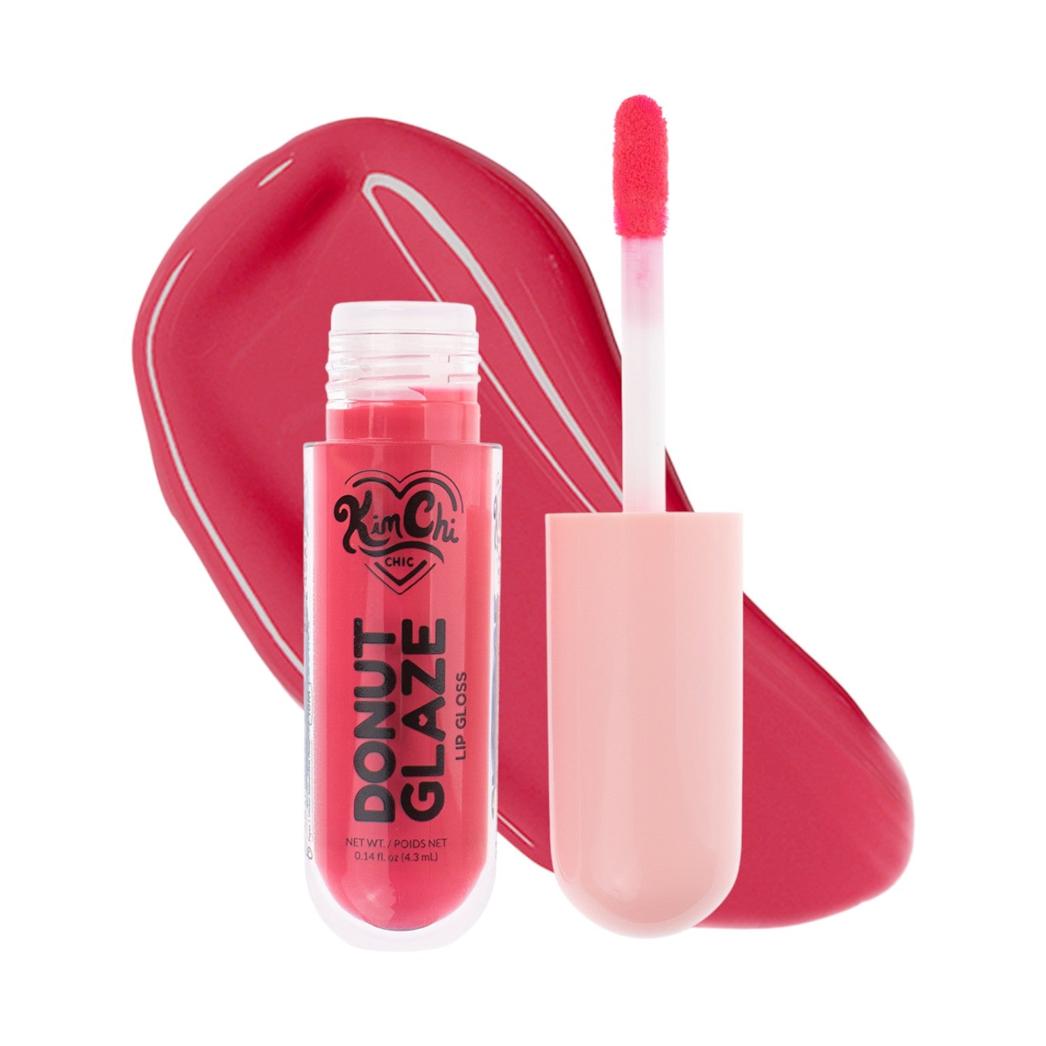 Lip gloss tube labeled 'Donut Glaze' with applicator and swatch of pink lip color.