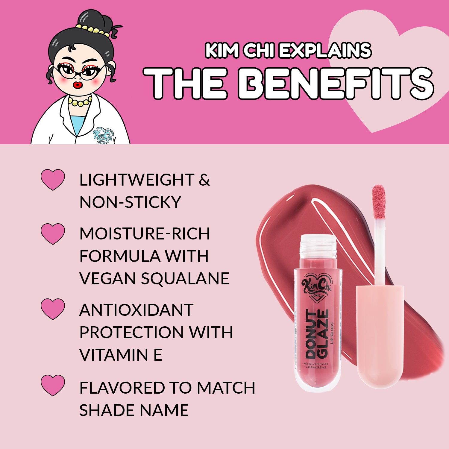 Graphic displaying cosmetic product benefits with illustrations and text on lightweight, non-sticky formula, moisture-rich ingredients, and antioxidant protection.