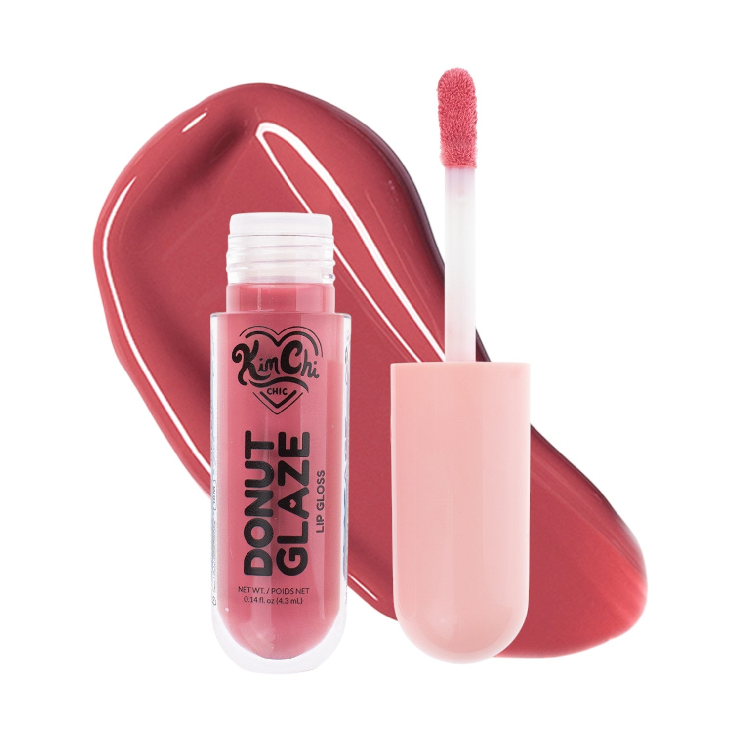 Lip gloss tube and applicator with pink glaze swatch