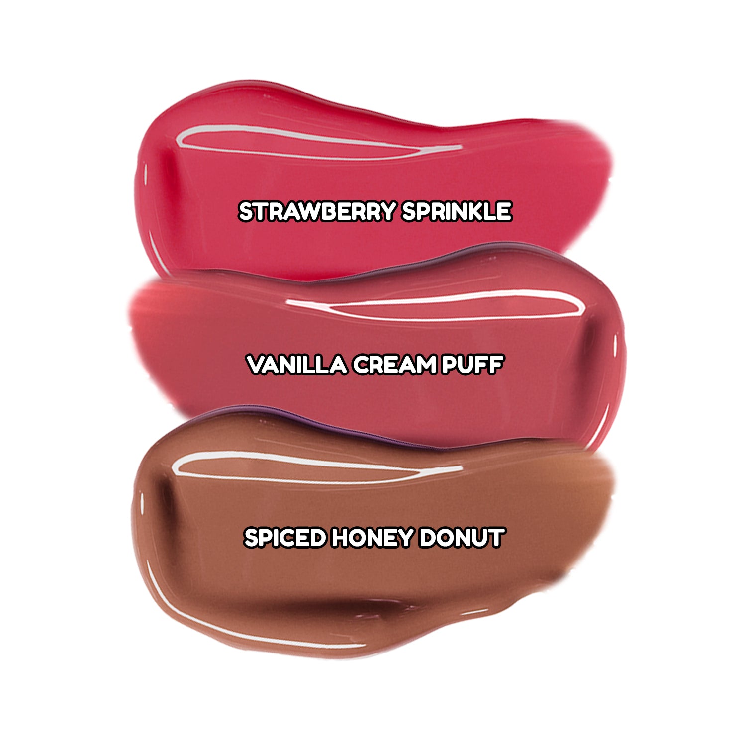 Swatches of three lip colors: Strawberry Sprinkle, Vanilla Cream Puff, and Spiced Honey Donut.