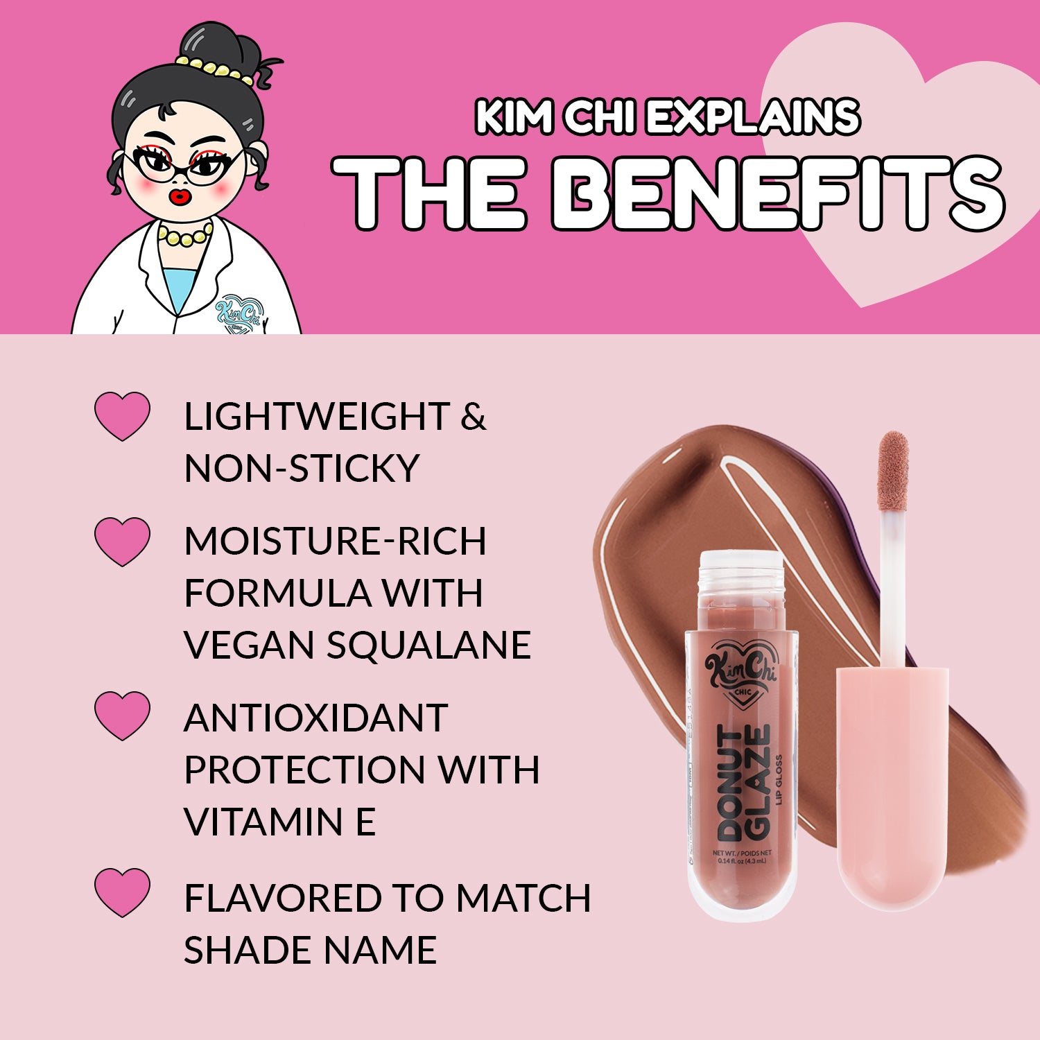 Graphic featuring Kim Chi discussing the benefits of a cosmetic product, highlighting features like lightweight texture, moisture-rich formula, antioxidant protection, and flavor matching.