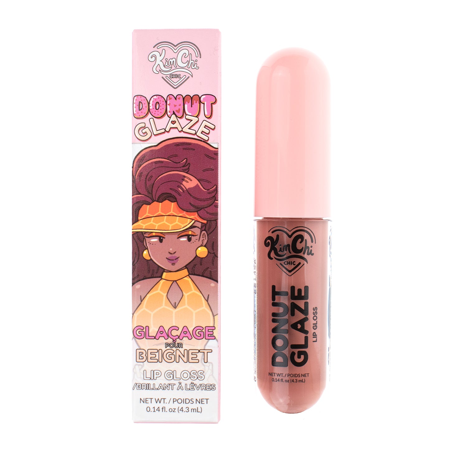 Pink lip gloss tube with cartoon character packaging labeled 'Donut Glaze'.