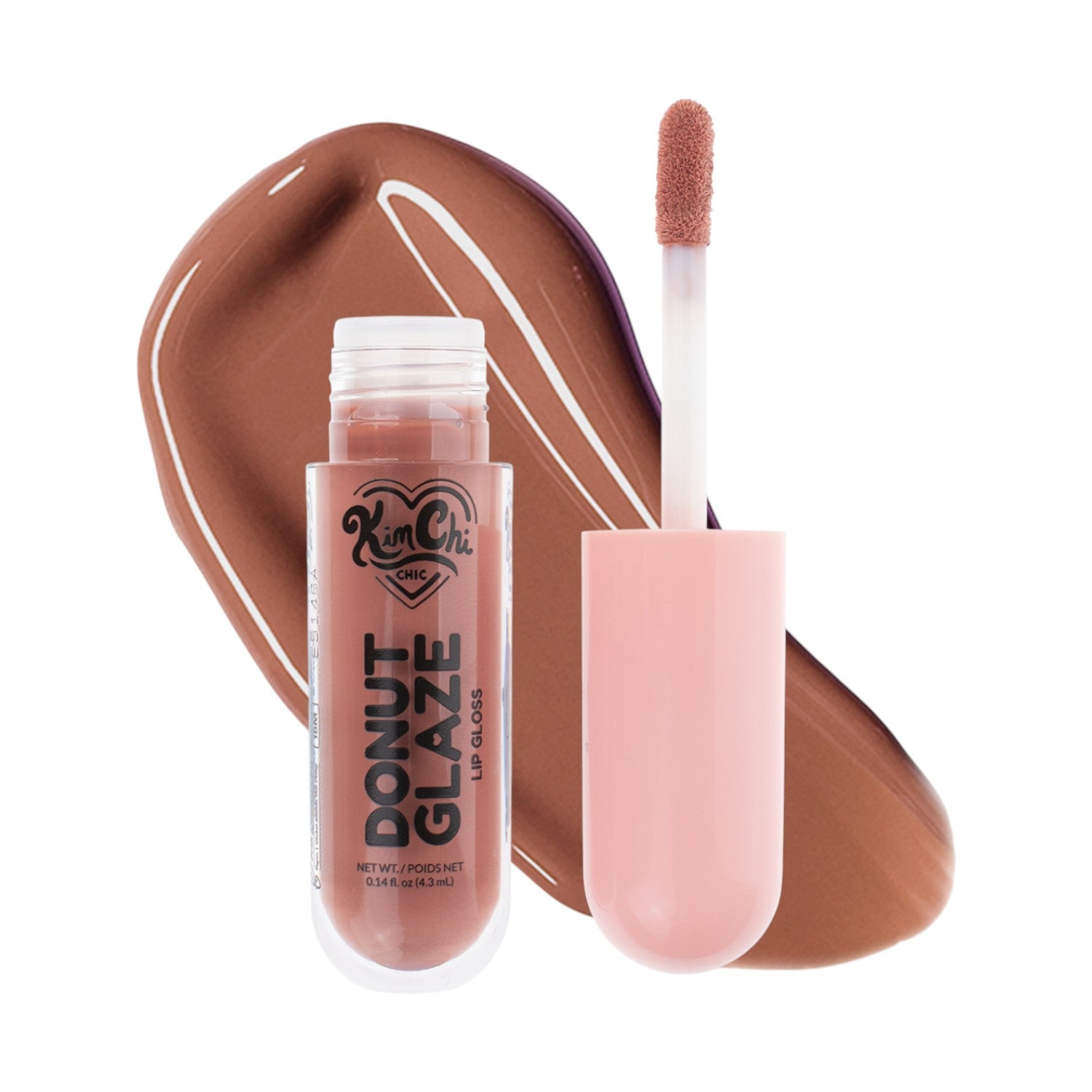 Lip gloss tube with a wand and a swatch of brown color