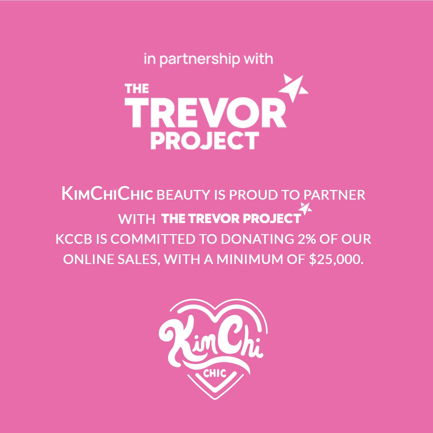 Graphic promoting partnership between KimChiChic Beauty and The Trevor Project, highlighting a donation commitment.