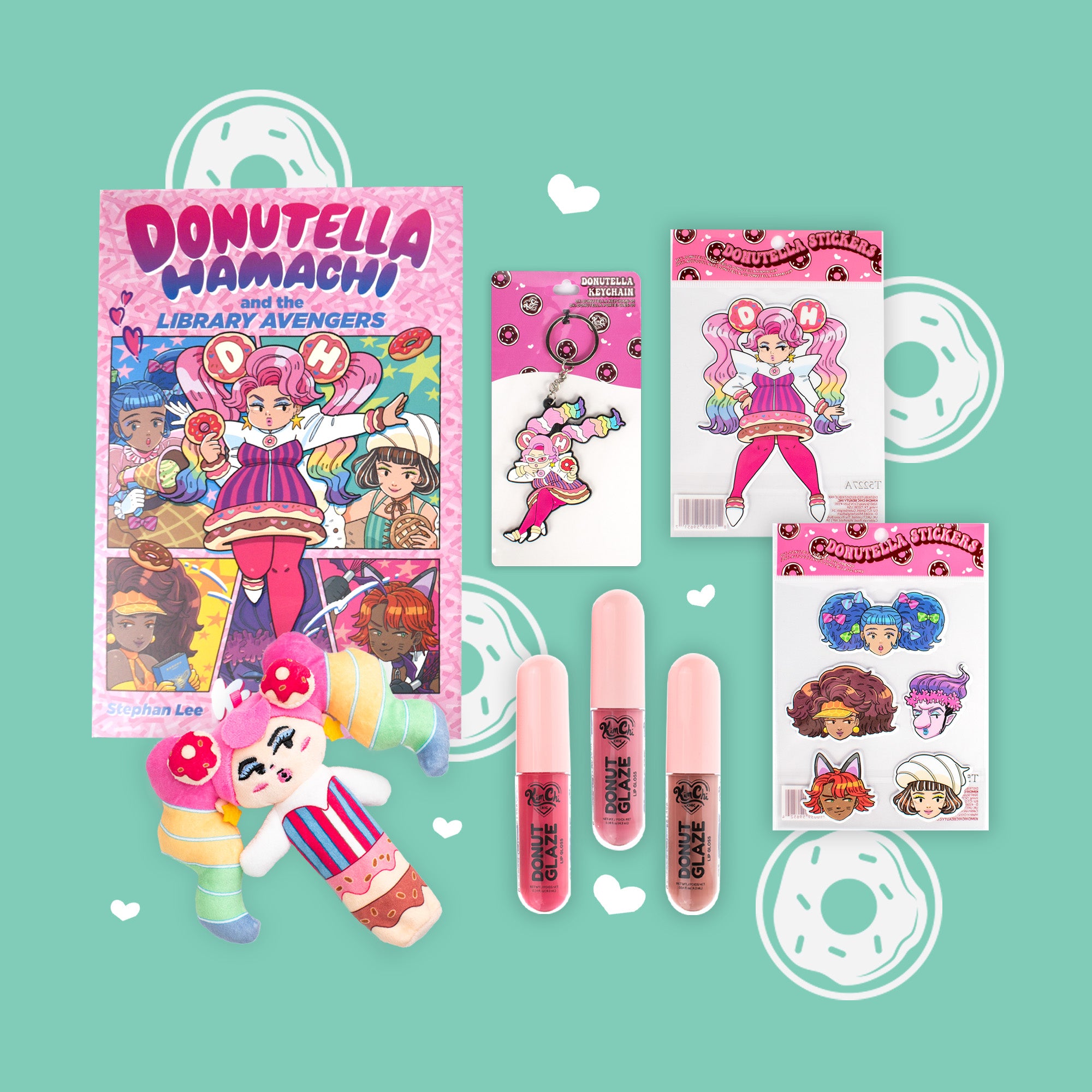 Colorful collection featuring a comic book, stickers, and cosmetic items with cute designs.