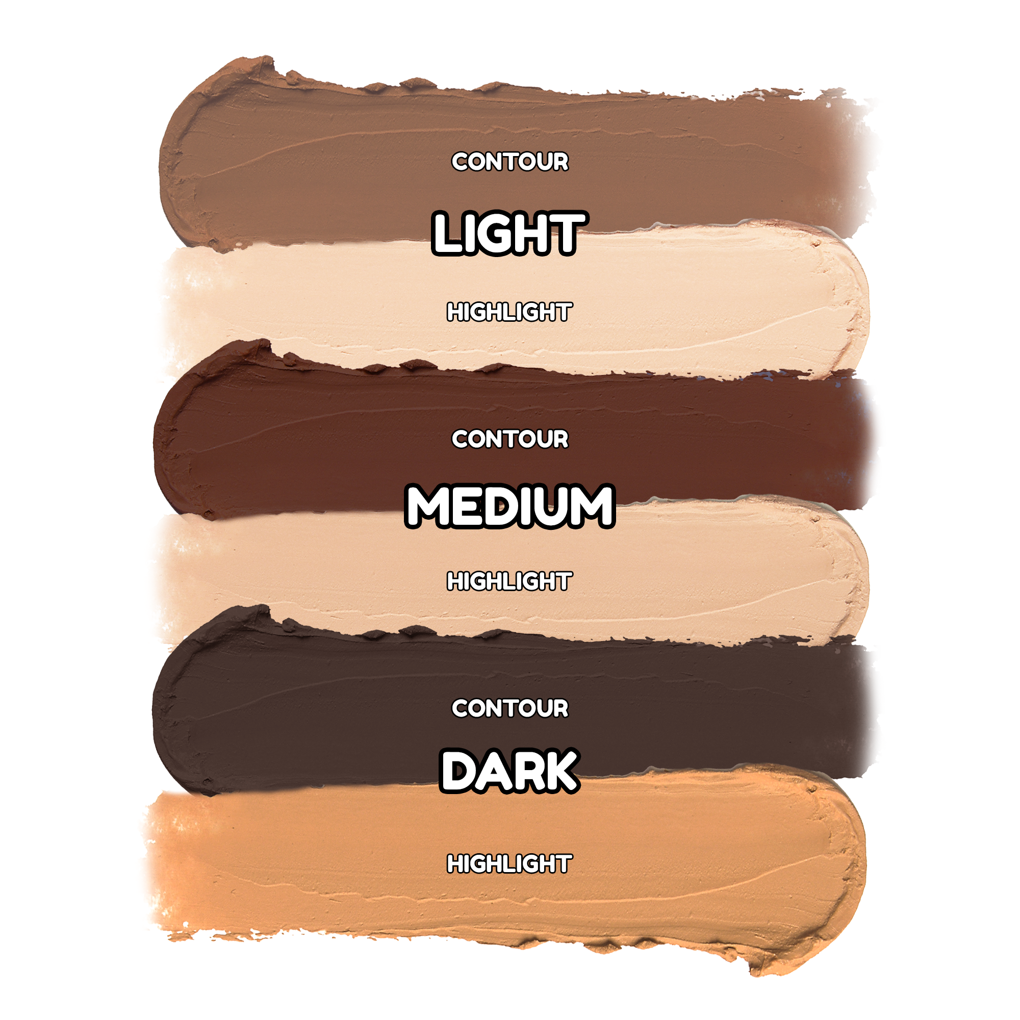 Swatches of contour and highlight shades labeled light, medium, and dark.