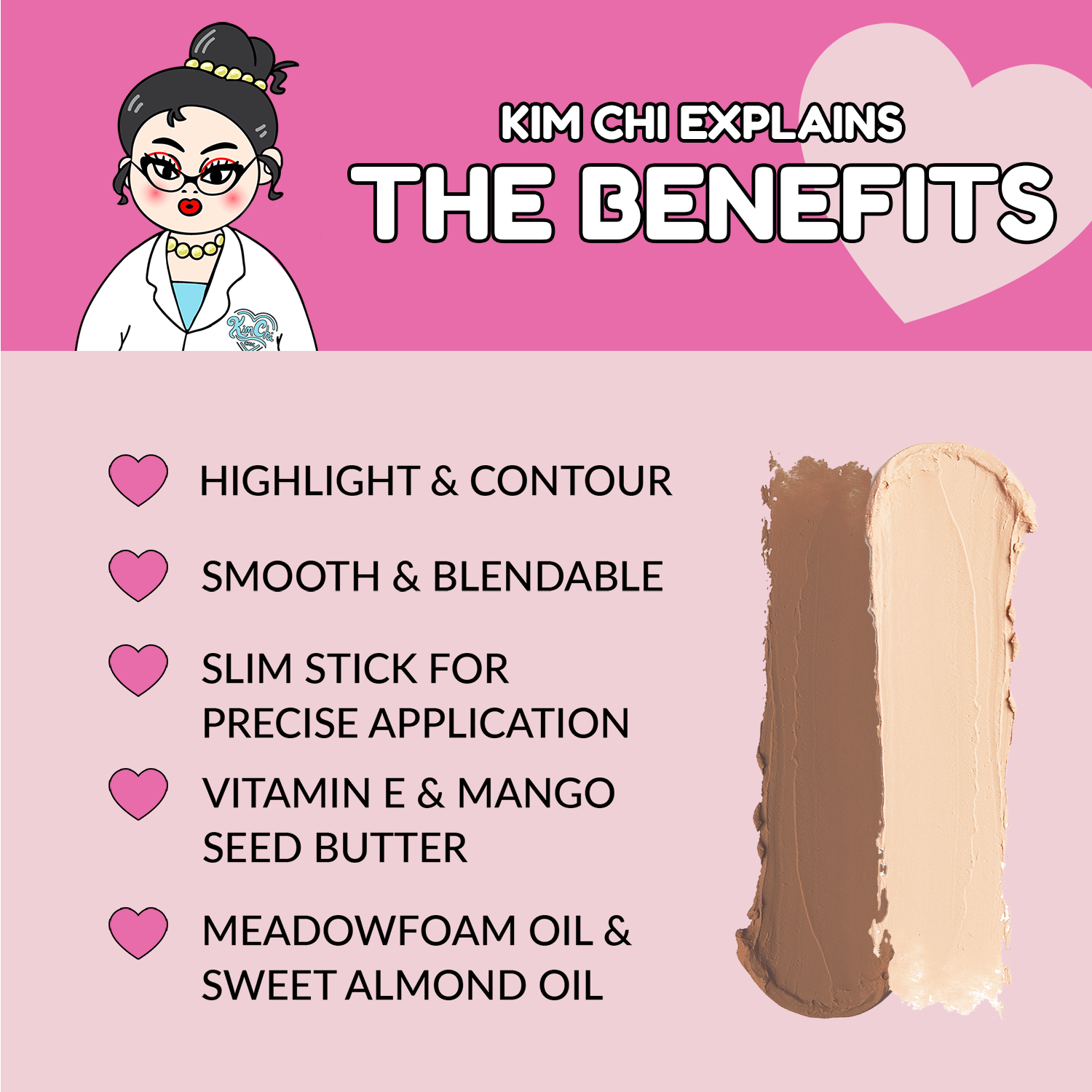Graphic explaining the benefits of a beauty product, featuring highlights like smooth application and nourishing ingredients.