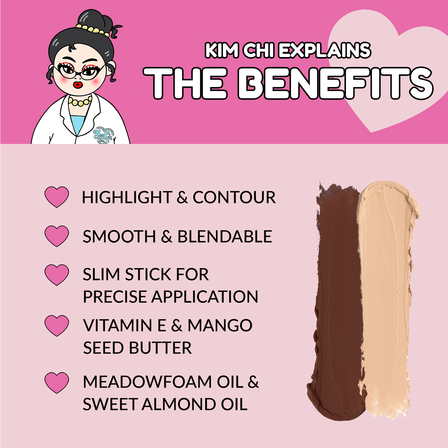 Graphic listing benefits of a cosmetic product, featuring a character named Kim Chi