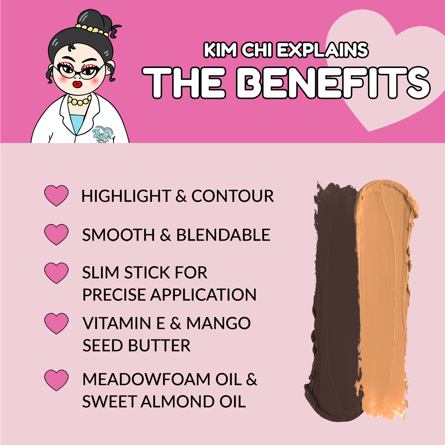 Graphic explaining the benefits of a makeup product, featuring highlights on smooth application and nourishing ingredients.
