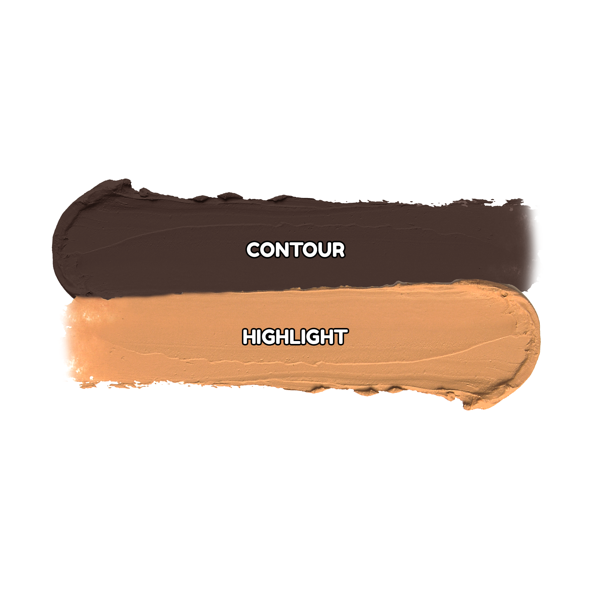 Swatches of contour and highlight makeup with labels