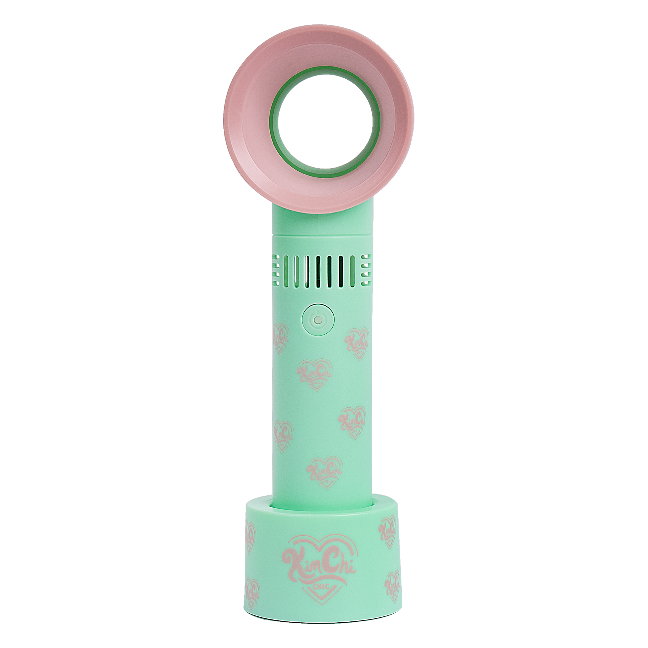 Mint green and pink bladeless fan with heart patterns and logo