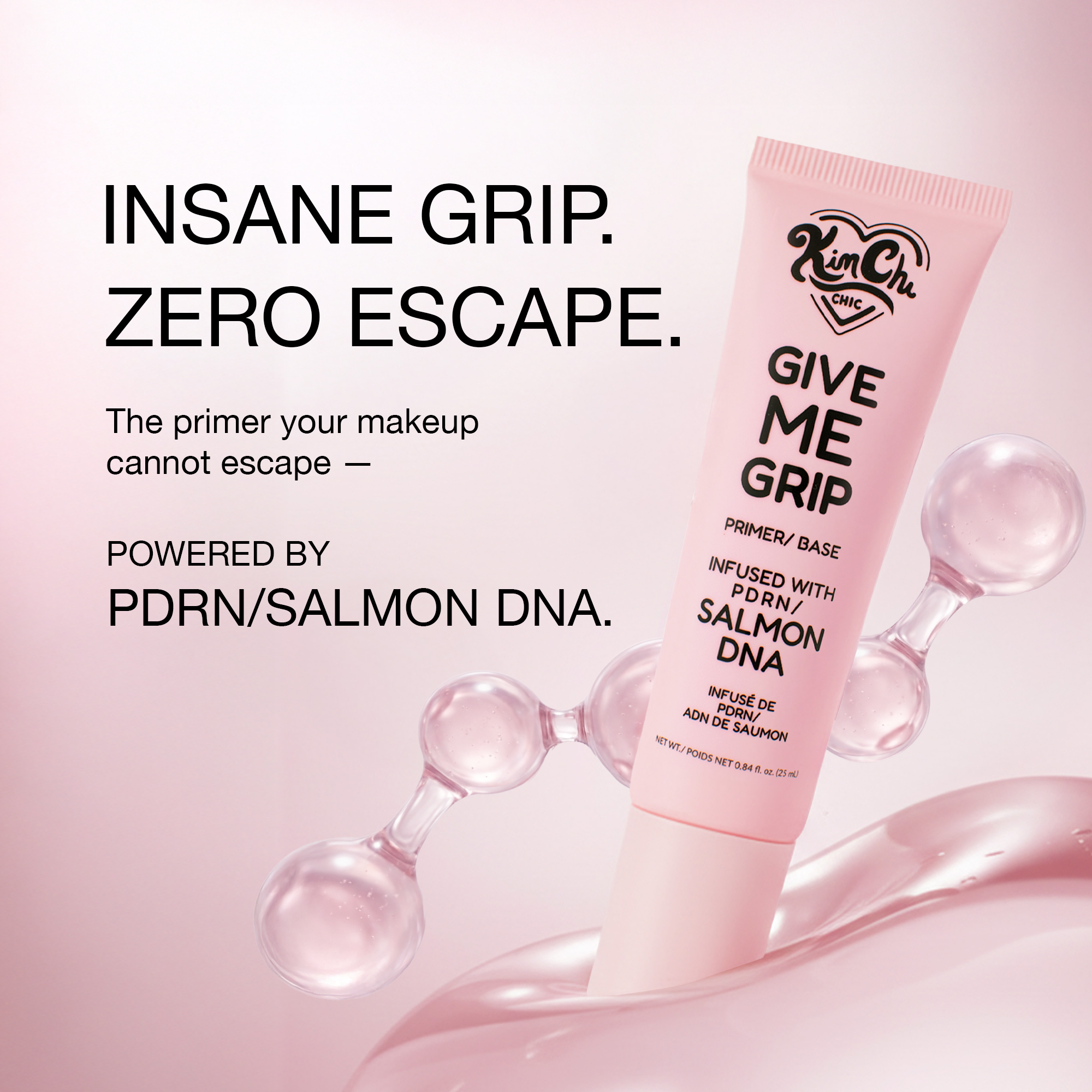 Kim Chi Chic Give Me Grip Primer in pink tube, infused with PDRN/Salmon DNA for long-lasting makeup hold.