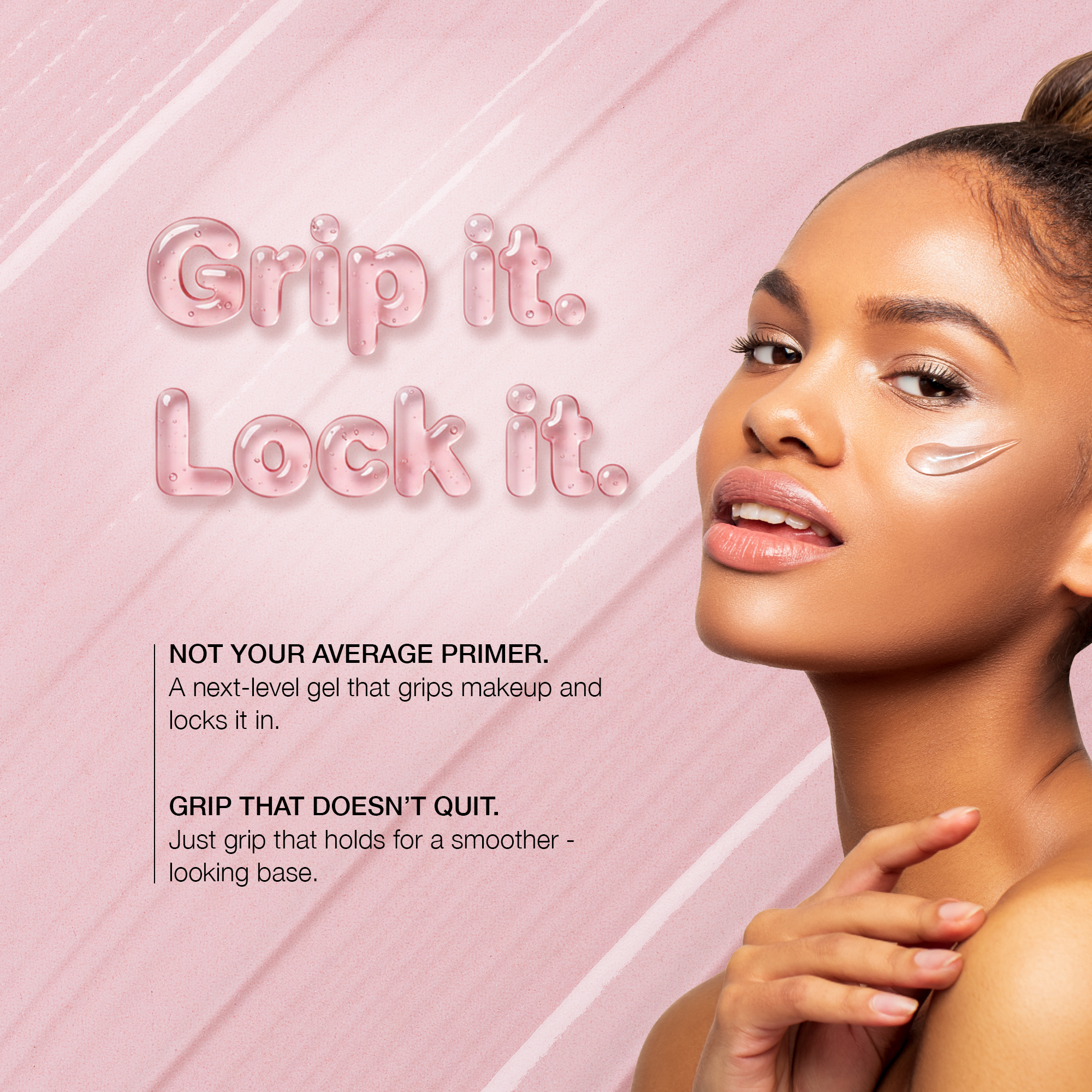 Next-level makeup primer gel in pink, grips and locks makeup for a smooth finish.
