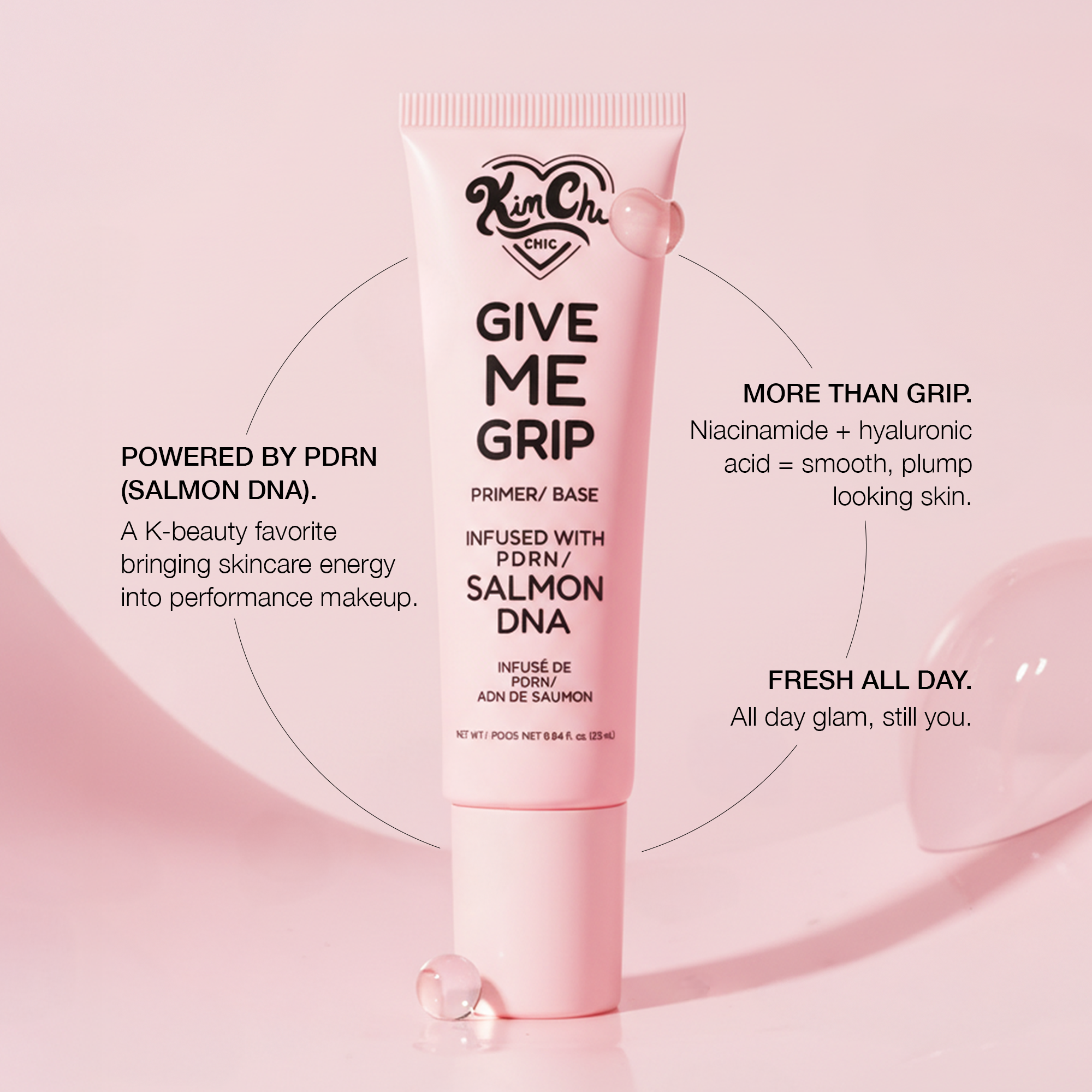 Kim Chi Chic Give Me Grip primer in pink tube, infused with PDRN and hyaluronic acid for smooth skin.