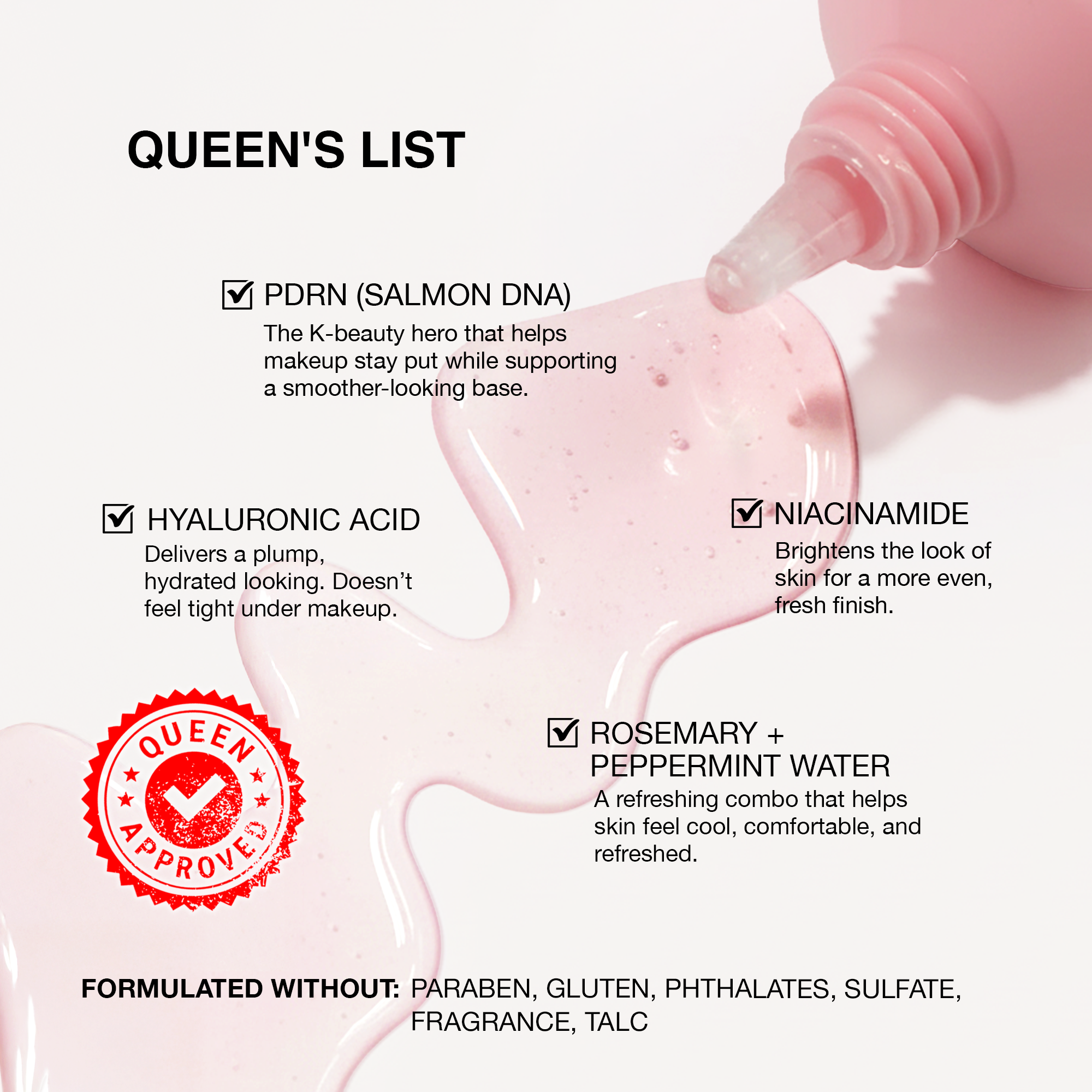 K-beauty skincare serum with salmon DNA, hyaluronic acid, niacinamide; pink liquid in squeeze bottle.