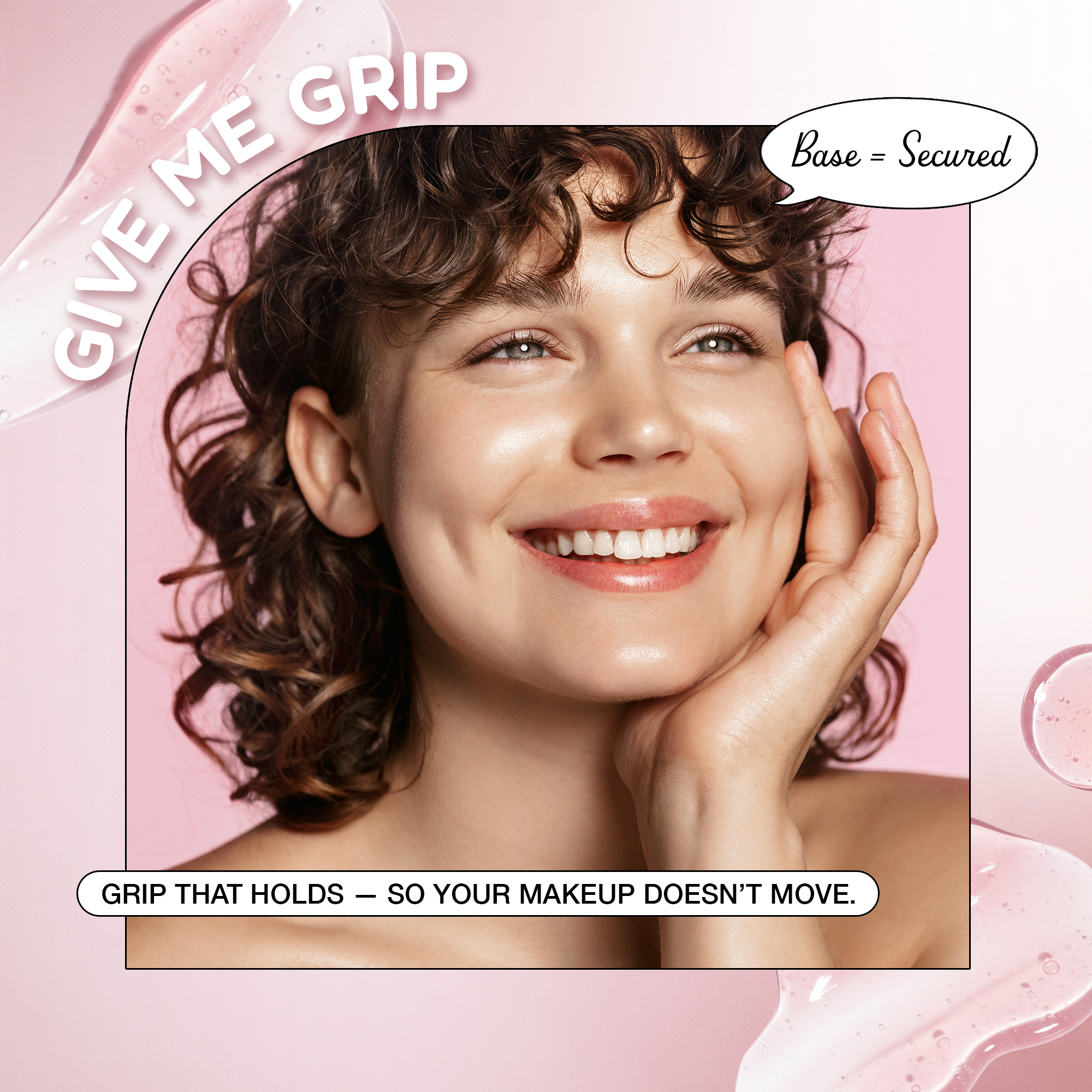 Model with curly hair smiling, showcasing a makeup grip product for long-lasting hold and secure base.