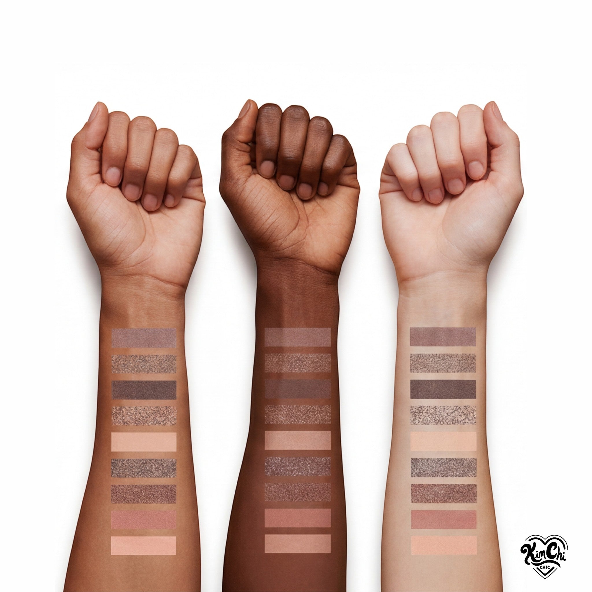 Swatch test of KimChi beauty palette on three skin tones showcasing variety of colors and finishes.