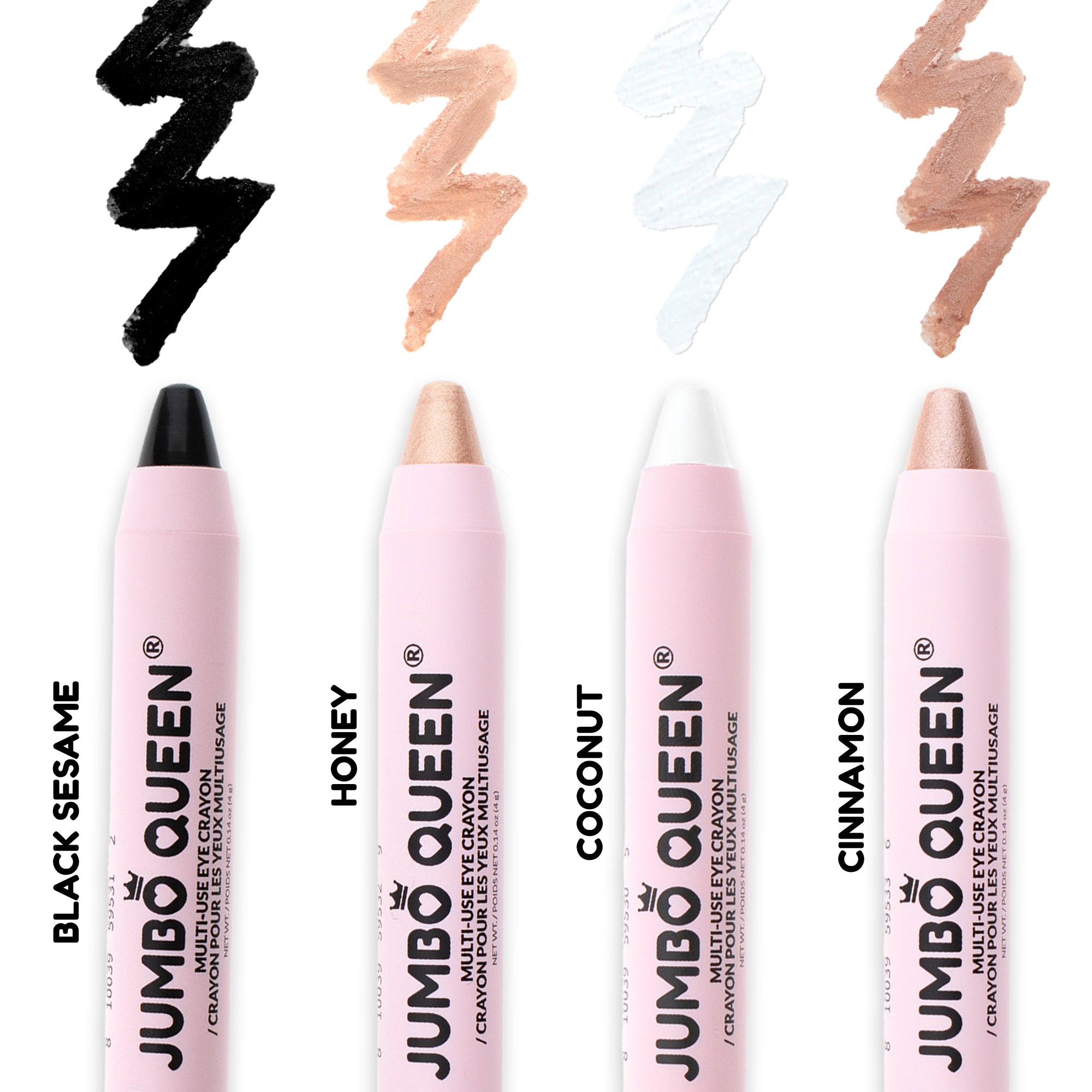 Four cosmetic sticks labeled Black Sesame, Honey, Coconut, and Cinnamon with corresponding color swatches.