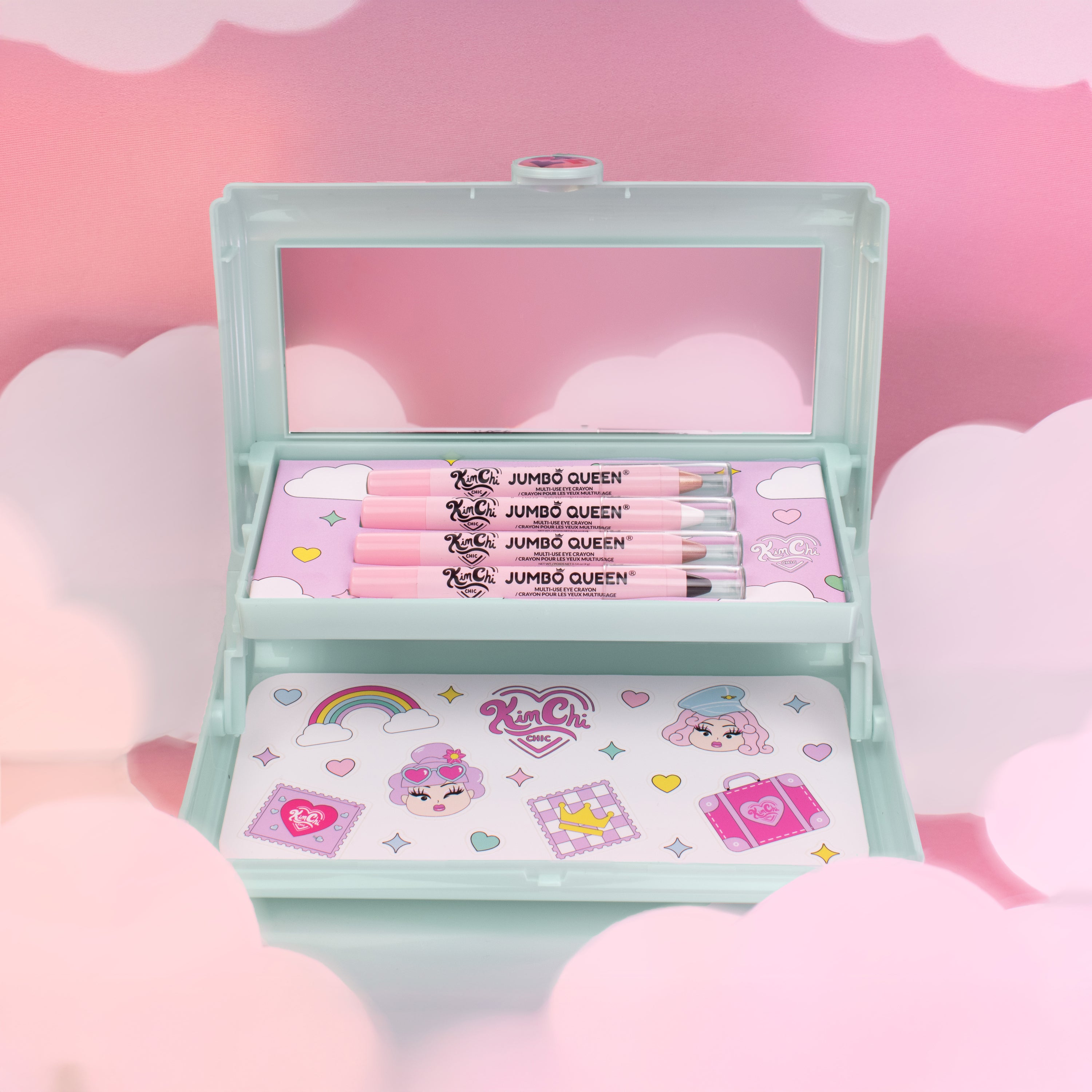 A pastel-colored makeup case containing pink makeup pencils and decorative stickers, set against a dreamy cloud background.