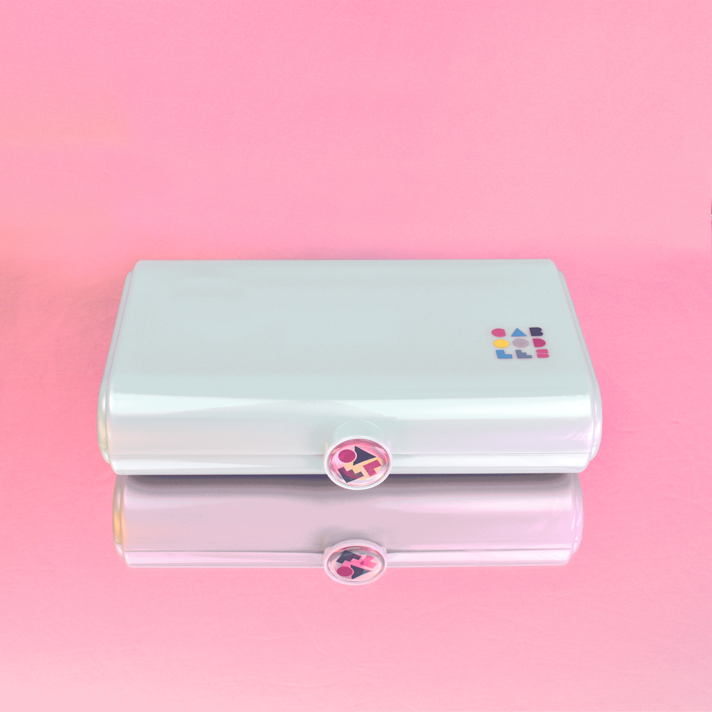 Shiny white wallet with colorful logo, compact design and secure snap closure for stylish organization.