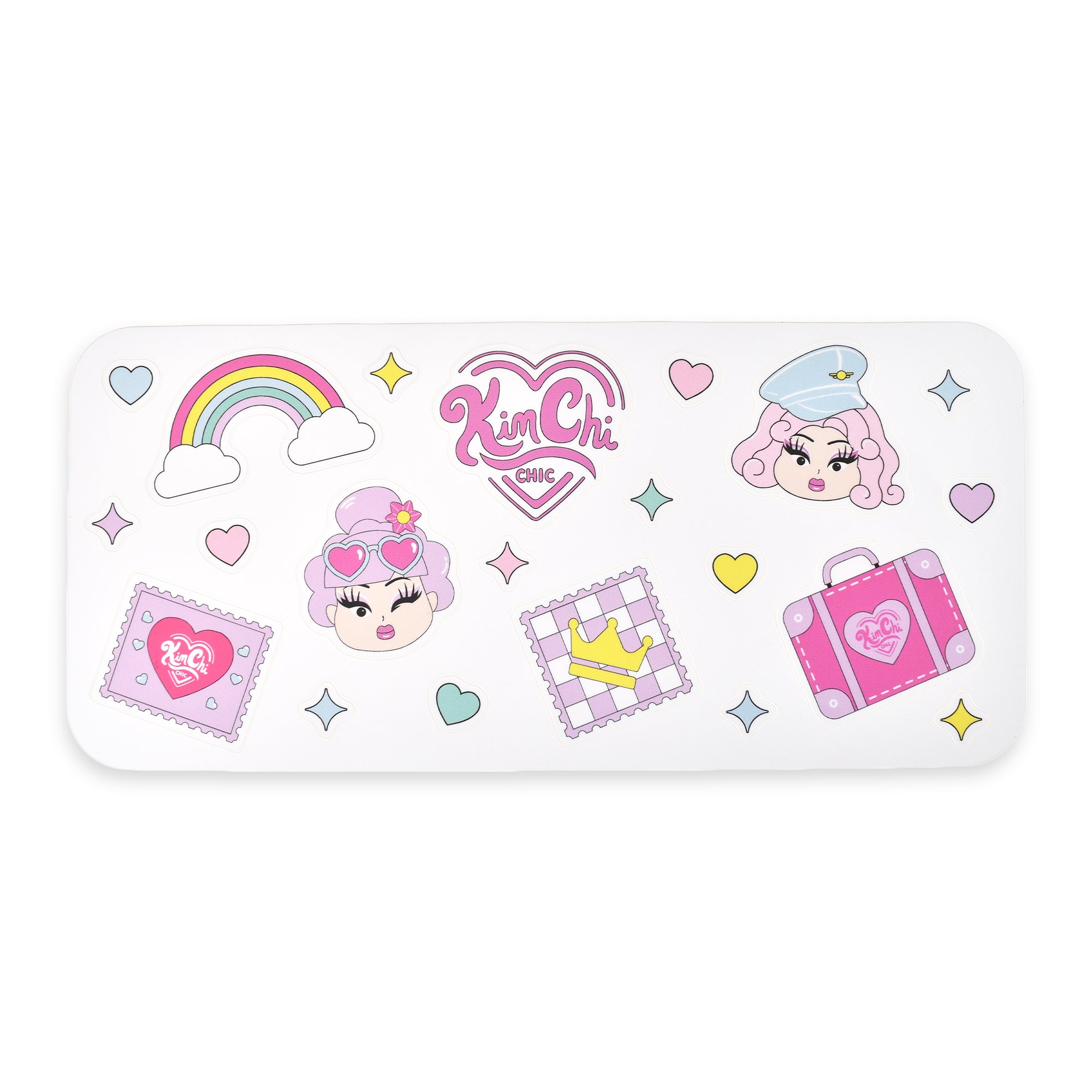 Colorful sticker design featuring hearts, rainbows, and cartoon characters.