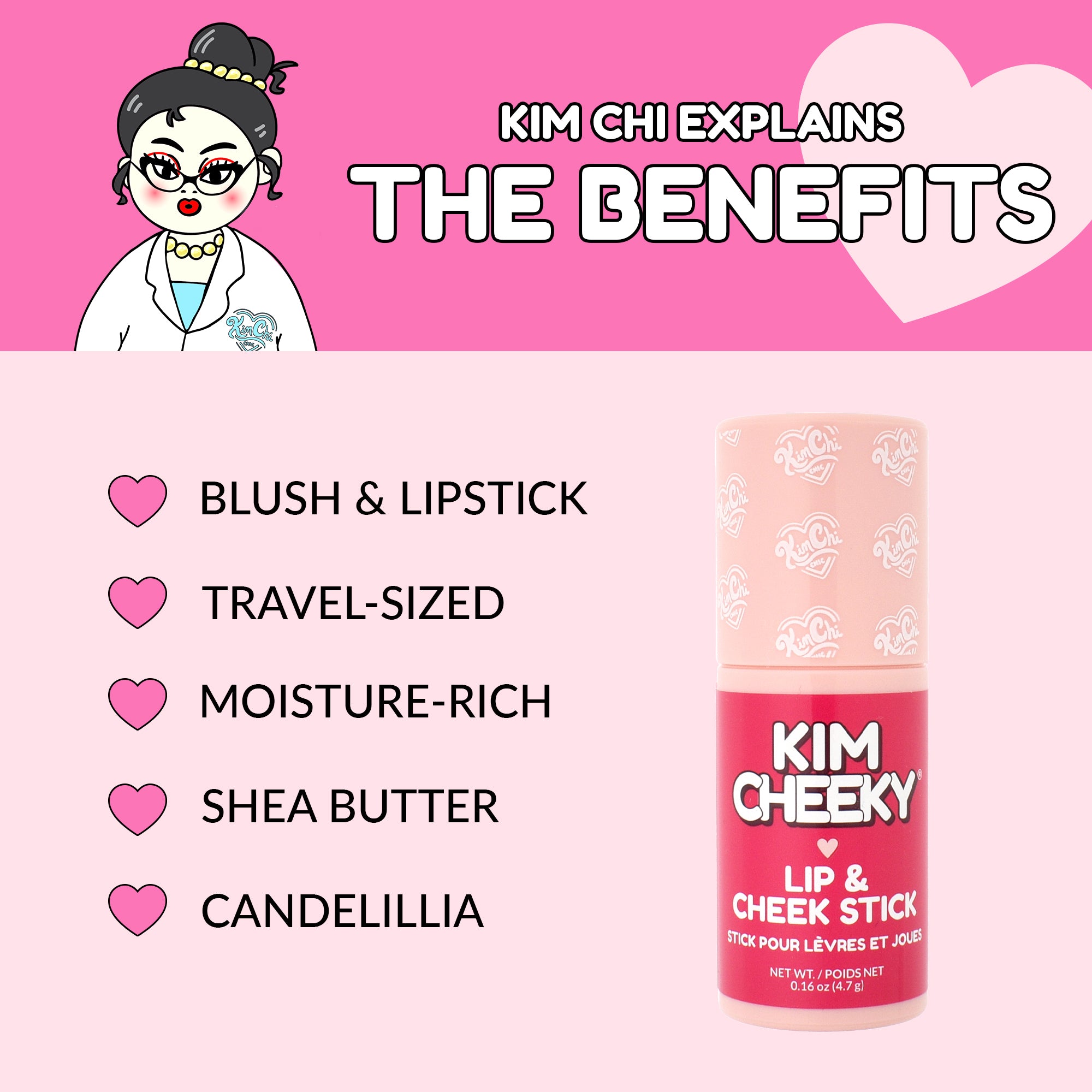 Illustration featuring a character explaining the benefits of a lip and cheek stick, with key features listed.