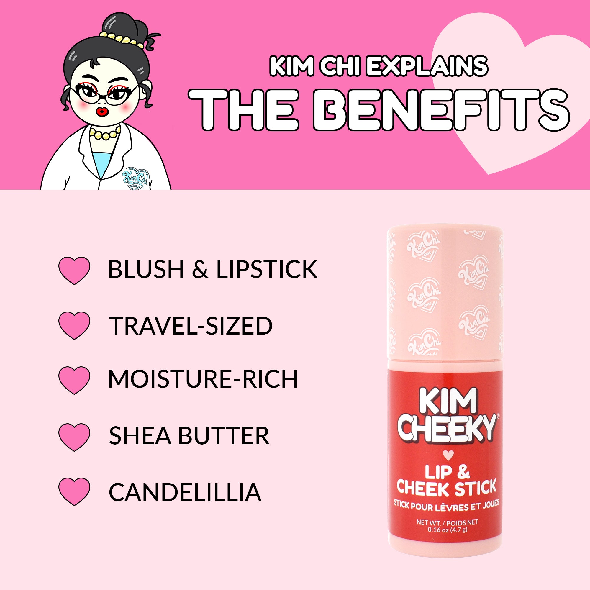 Illustration of Kim Chi explaining the benefits of a travel-sized lip and cheek stick called Kim Cheeky, featuring key benefits listed alongside the product.